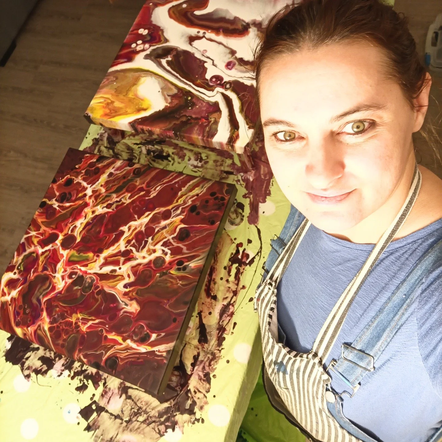 In the studio &mdash; where the mess makes sense.

Caught mid-process, working on two fluid pieces as they slowly find their own rhythm. This is the part I love most: when control loosens, color takes over, and the work begins to speak back.

Behind 