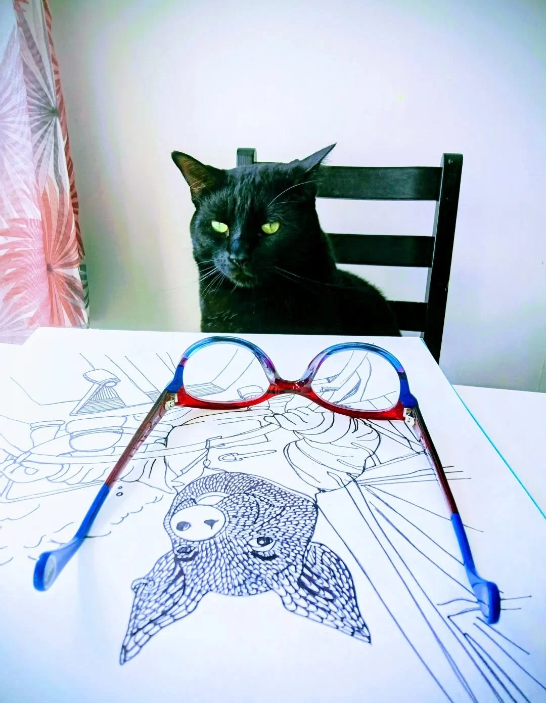 Assistant review... or identity crisis?

He's starring at my drawing like it's a mirror.
Head tilt. Deep inspection.

Trying to figure out if this piggy is... him.

"Close", he whiskers. 
"But the ears? Not nearly as majestic!"

N