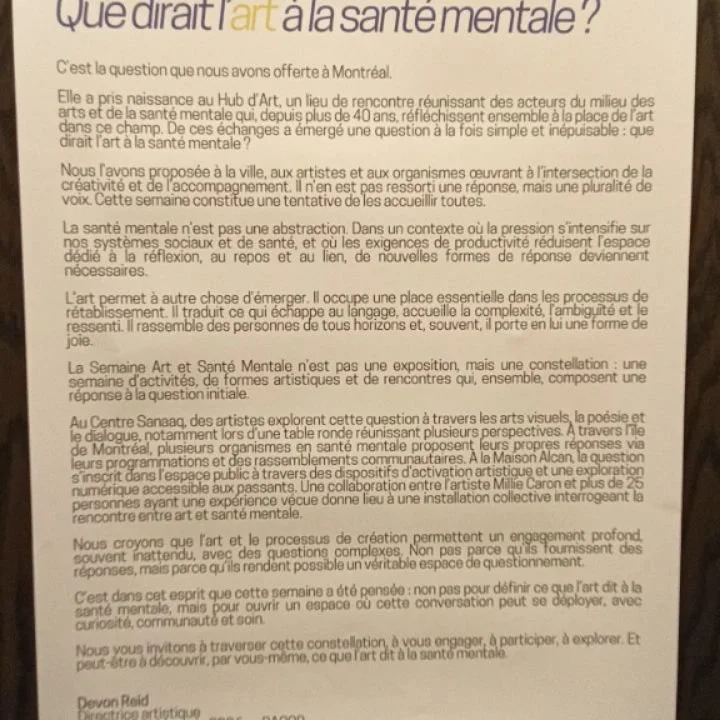 A glimpse into tonight's vernissage at Centre Sanaaq- "Que dirait l'art &agrave; la sant&eacute; mentale? " 

#artevent #mentalhealthawareness #mtlart #racor