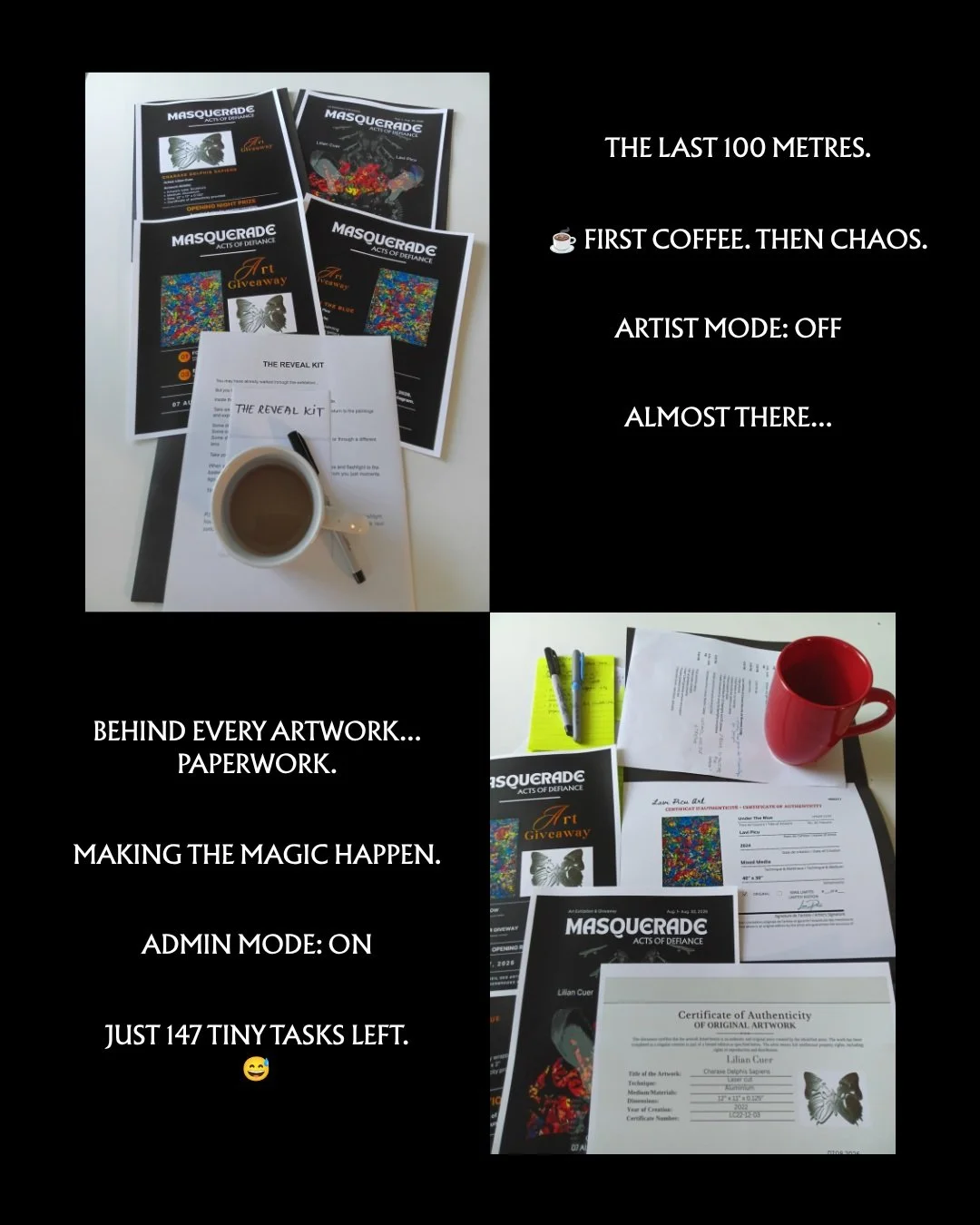 ☕ The glamorous life of an artist... 😄

The last 100 metres before an exhibition don't usually involve dramatic brushstrokes. They involve coffee. Lots of coffee.

Every exhibition has its own masquerade.

Visitors see the finished artworks when the