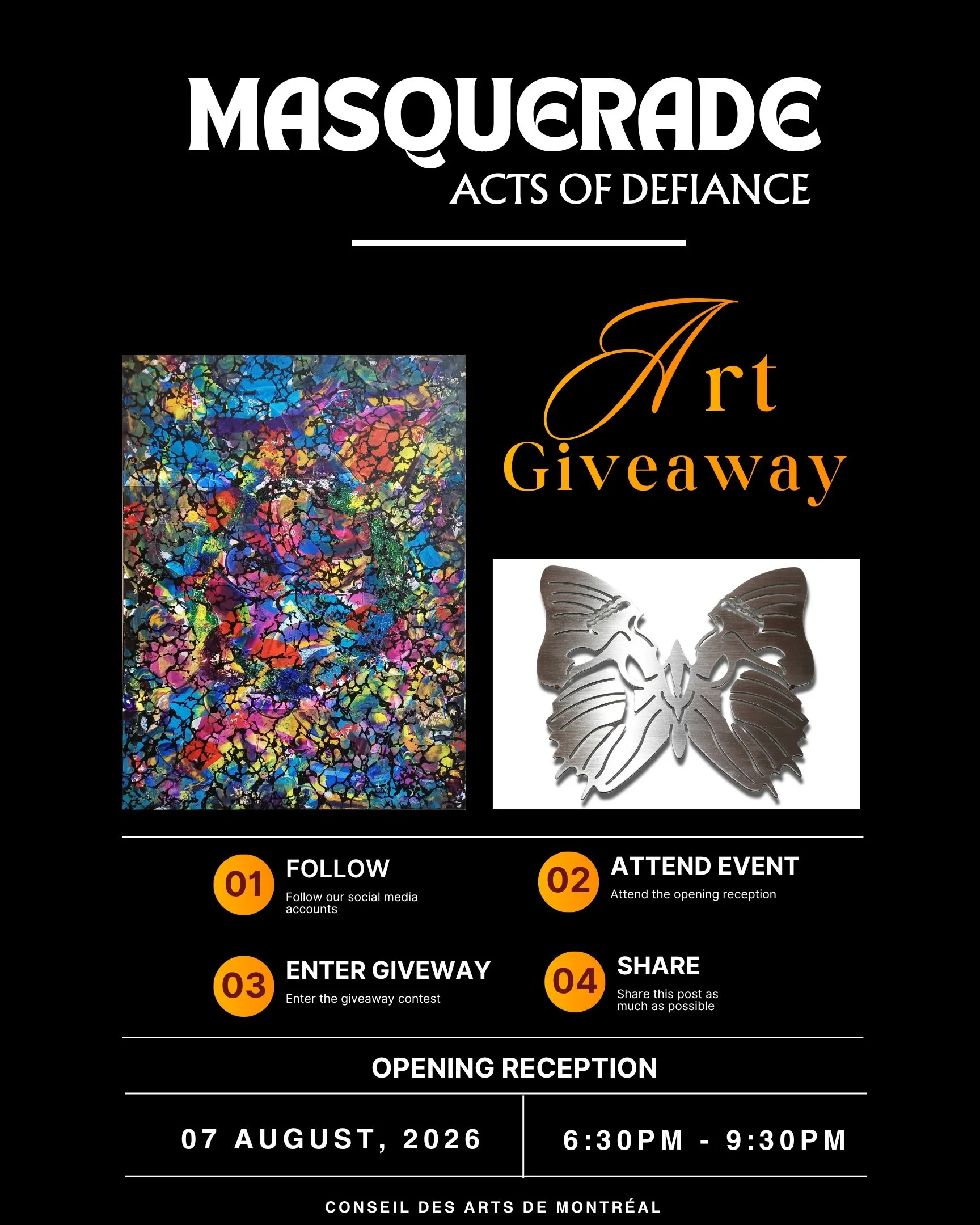🎉 ORIGINAL ART GIVEAWAY 🎉

To celebrate Masquerade: Acts of Defiance, we're giving away two original signed artworks&mdash;one from each exhibiting artist.

✨ Prize #1 &ndash; Opening Night
🎨 Charaxe Delphis Sapiens by Lilian Cuer ( @liliancuer)
?
