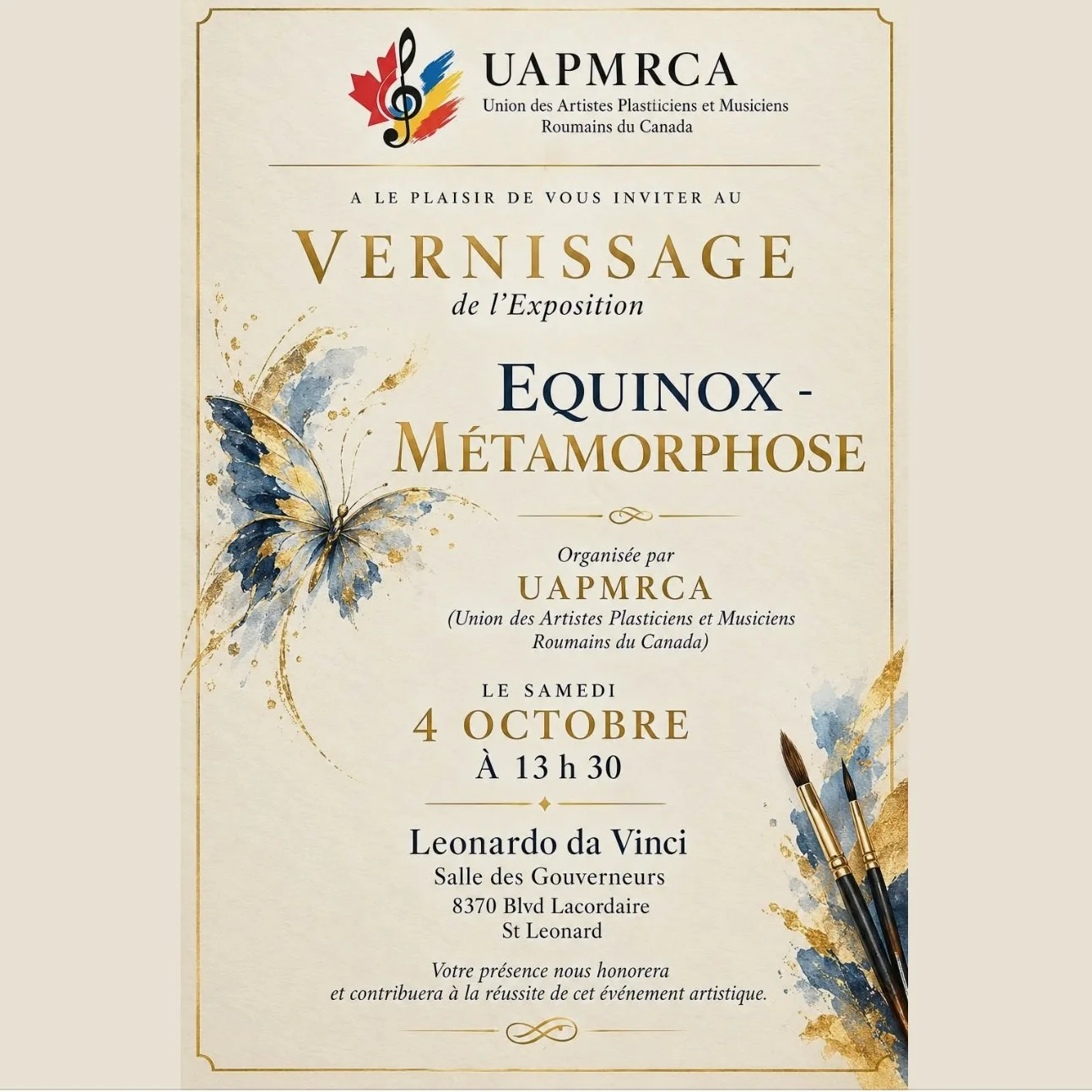 ✨ &Eacute;QUINOX - Vernissage ✨

I&rsquo;m happy to be exhibiting alongside 17 other artists in &Eacute;quinox, the 7th edition of the UAPMR&rsquo;s Salon d&rsquo;automne, at the Centre culturel Leonardo da Vinci.

Join us for the vernissage on Sunda