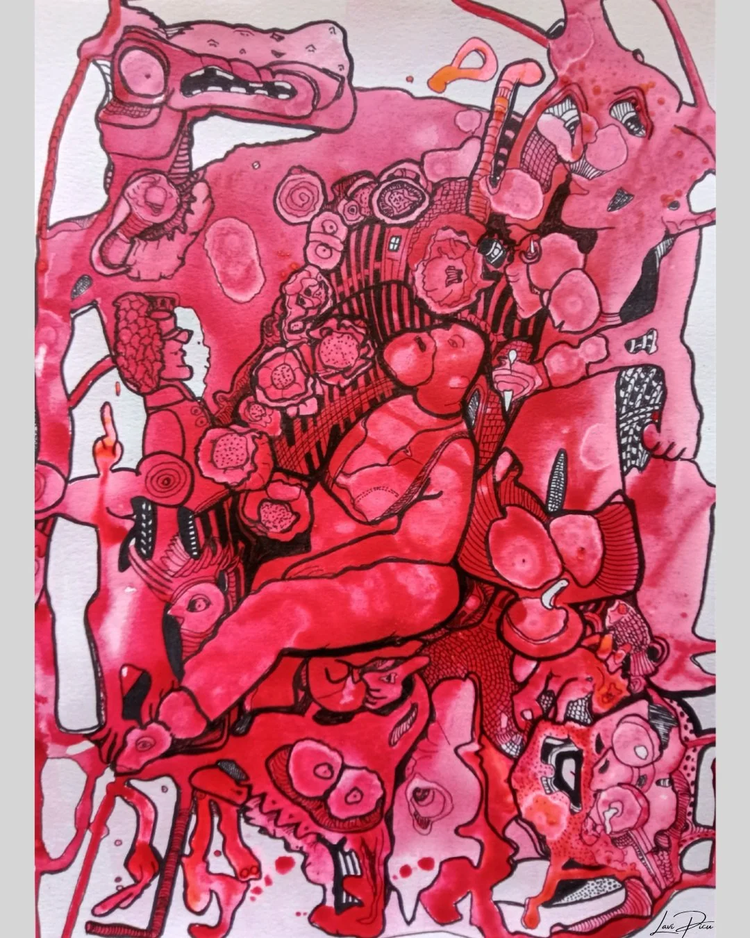 Visceral Story 🖤

An ink drawing that gave rise to a poem.

Created with red ink wash and ink on Strathmore paper (15 &times; 11"), *Visceral Story* explores the turmoil beneath the surface, the invisible battles, the competing voices of pain, 