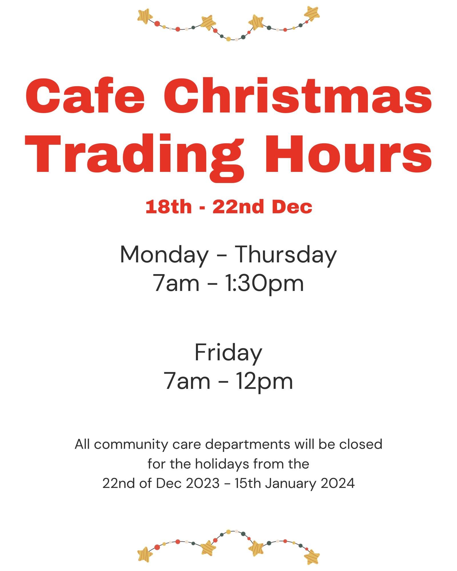 ATTENTION ALL COFFEE LOVERS ☕️ We have some amended hours for the week leading into Christmas, so make sure you double check them. We'll see you for lunch very soon