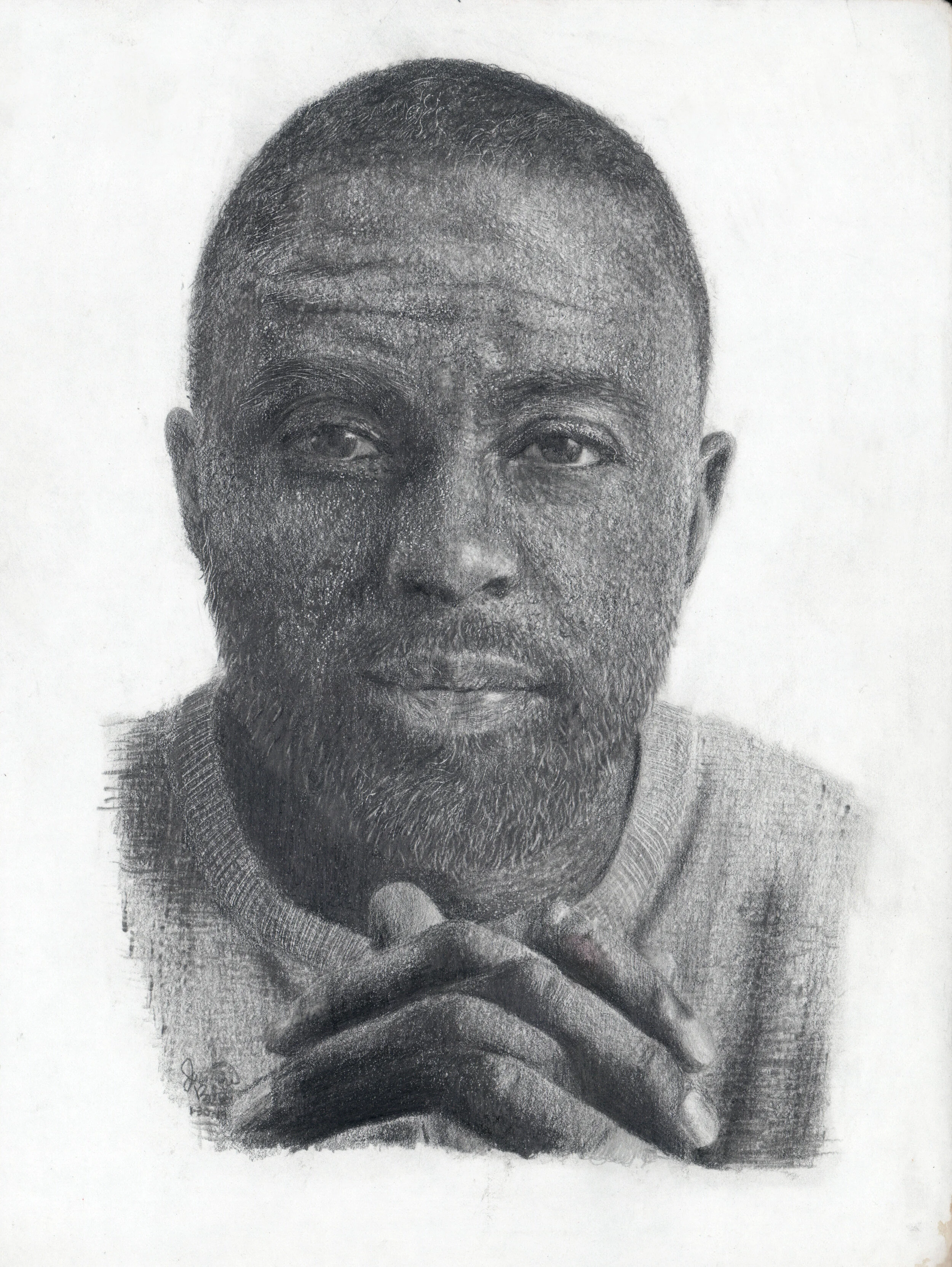 Pencil drawing of a man with a contemplative expression, hands clasped, and wearing a sweater.