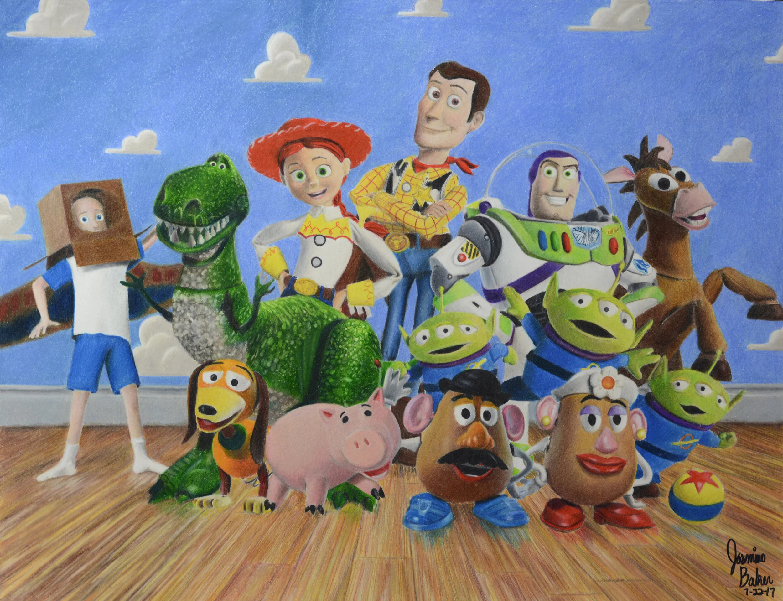 Drawing of characters from Toy Story including Woody, Buzz Lightyear, and others set in a toy room with a cloudy sky wallpaper.