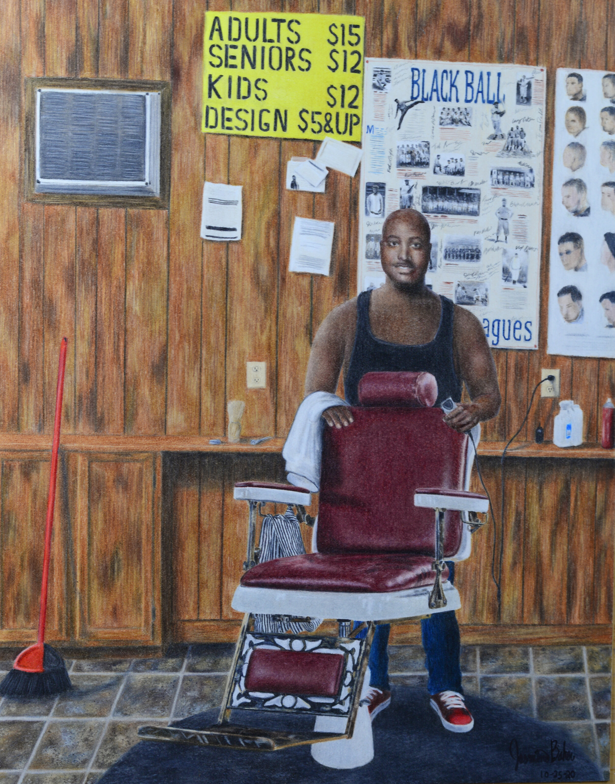 Barber shop scene with barber and vintage chair, wooden panel wall, pricing sign for haircuts, broom, and hair product bottles.