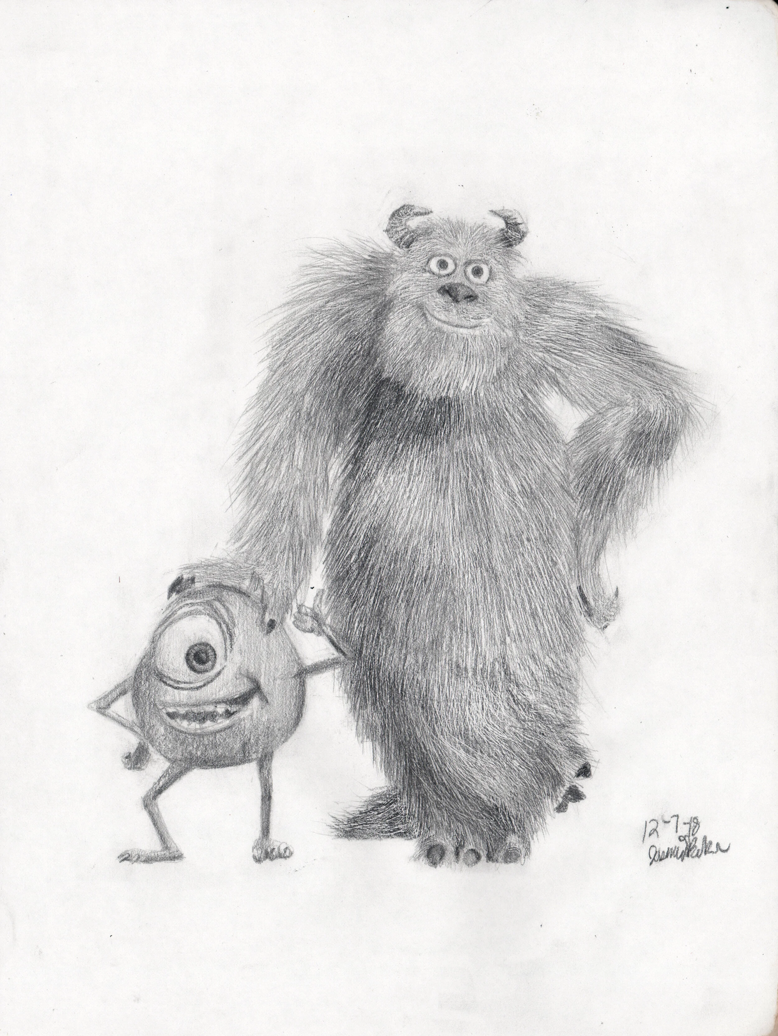 Pencil drawing of a one-eyed, smiling character with a larger furry monster, standing closely together.