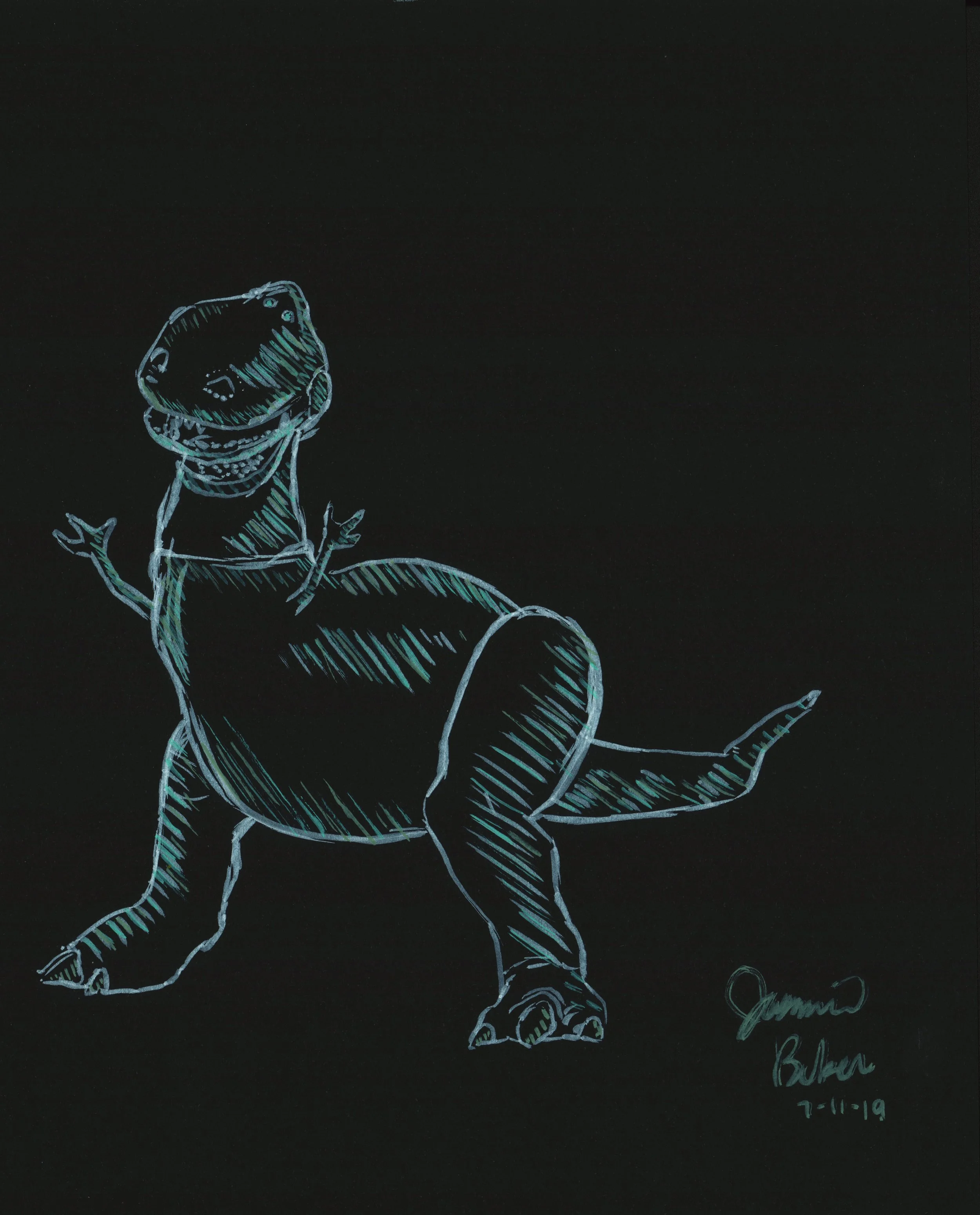 Drawing of a dinosaur, possibly a T-Rex, in white on black background, with signature and date in bottom right corner.