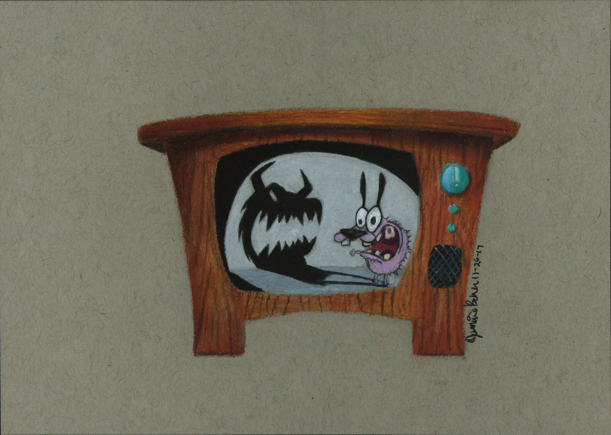Cartoon dog on a TV screen with a shadow monster background