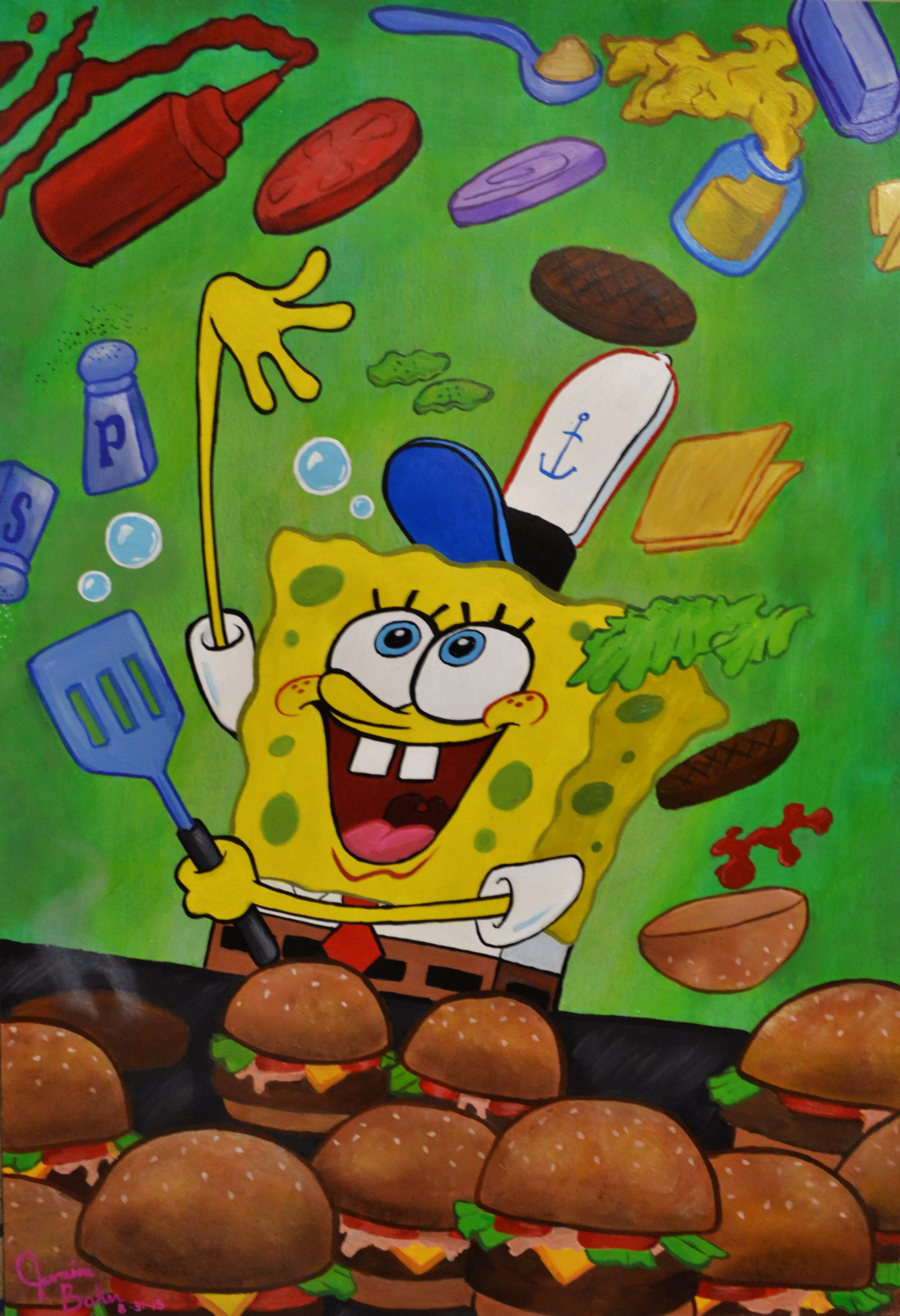 SpongeBob SquarePants cooking burgers with various ingredients like ketchup, lettuce, and cheese surrounding him.