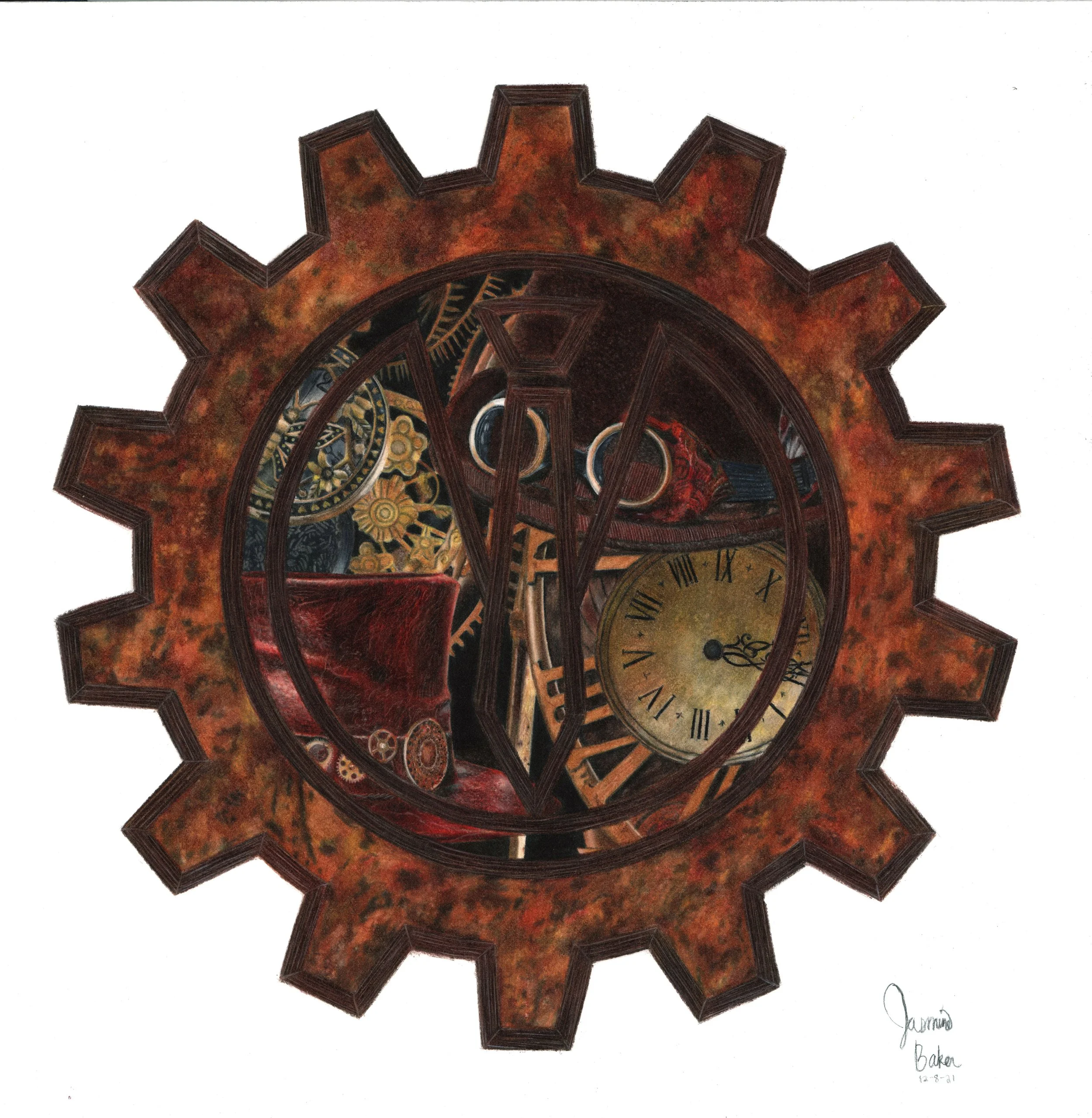 Steampunk gear design with clock face and mechanical elements inside