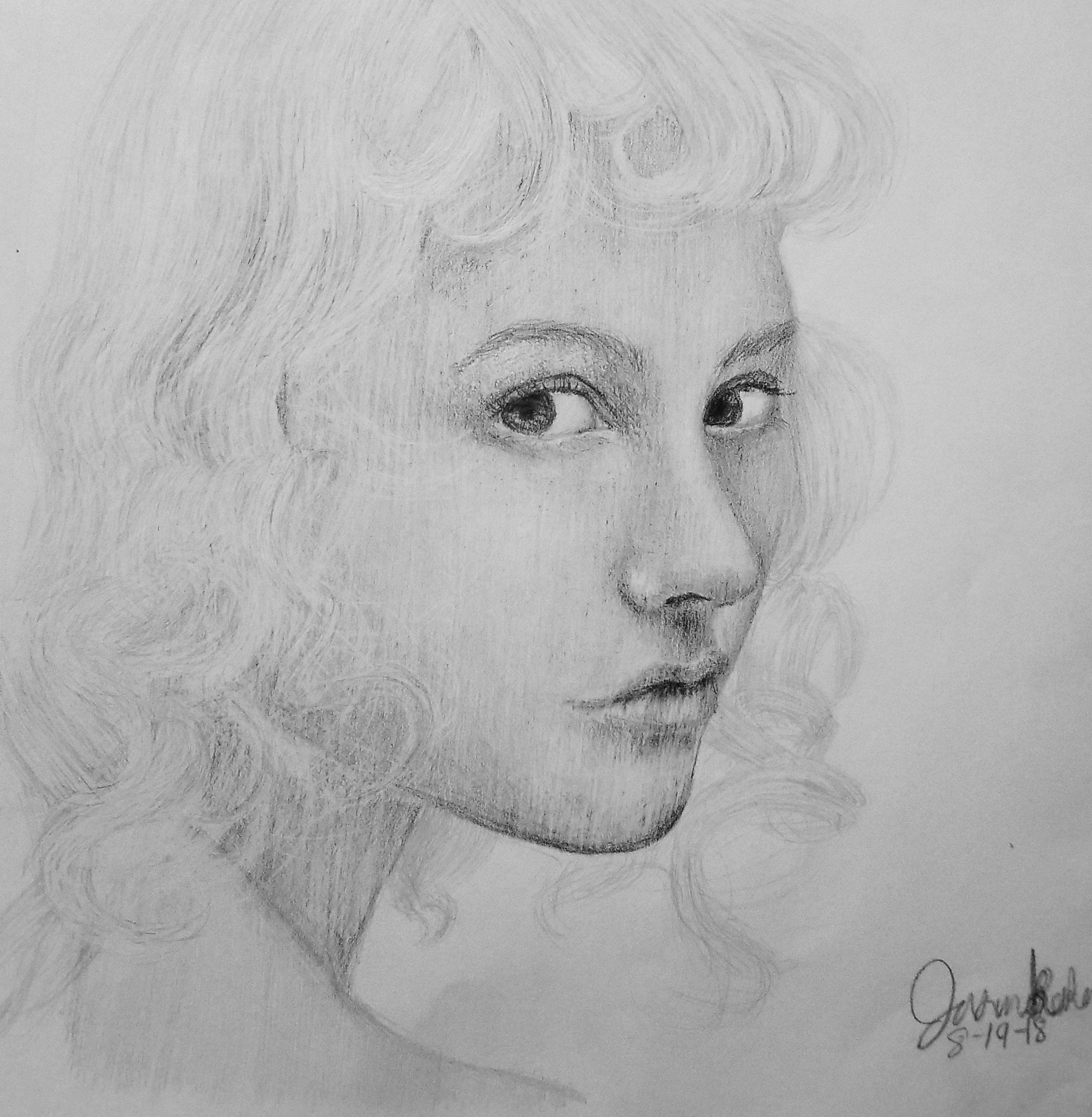 Pencil drawing of a woman's face with curly hair, looking to the side, signed and dated.