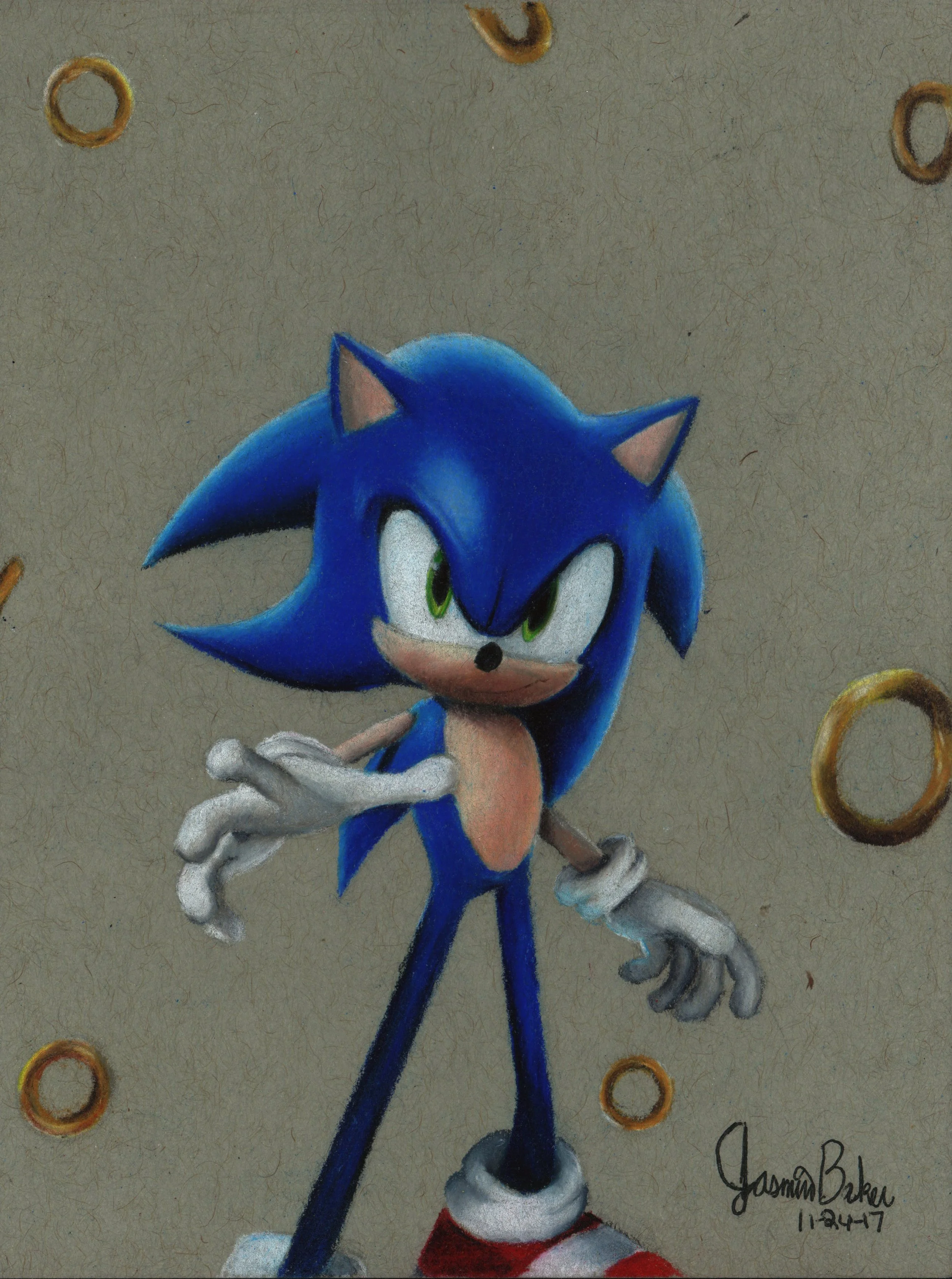 Drawing of a blue cartoon hedgehog character with white gloves and red shoes, surrounded by gold rings.