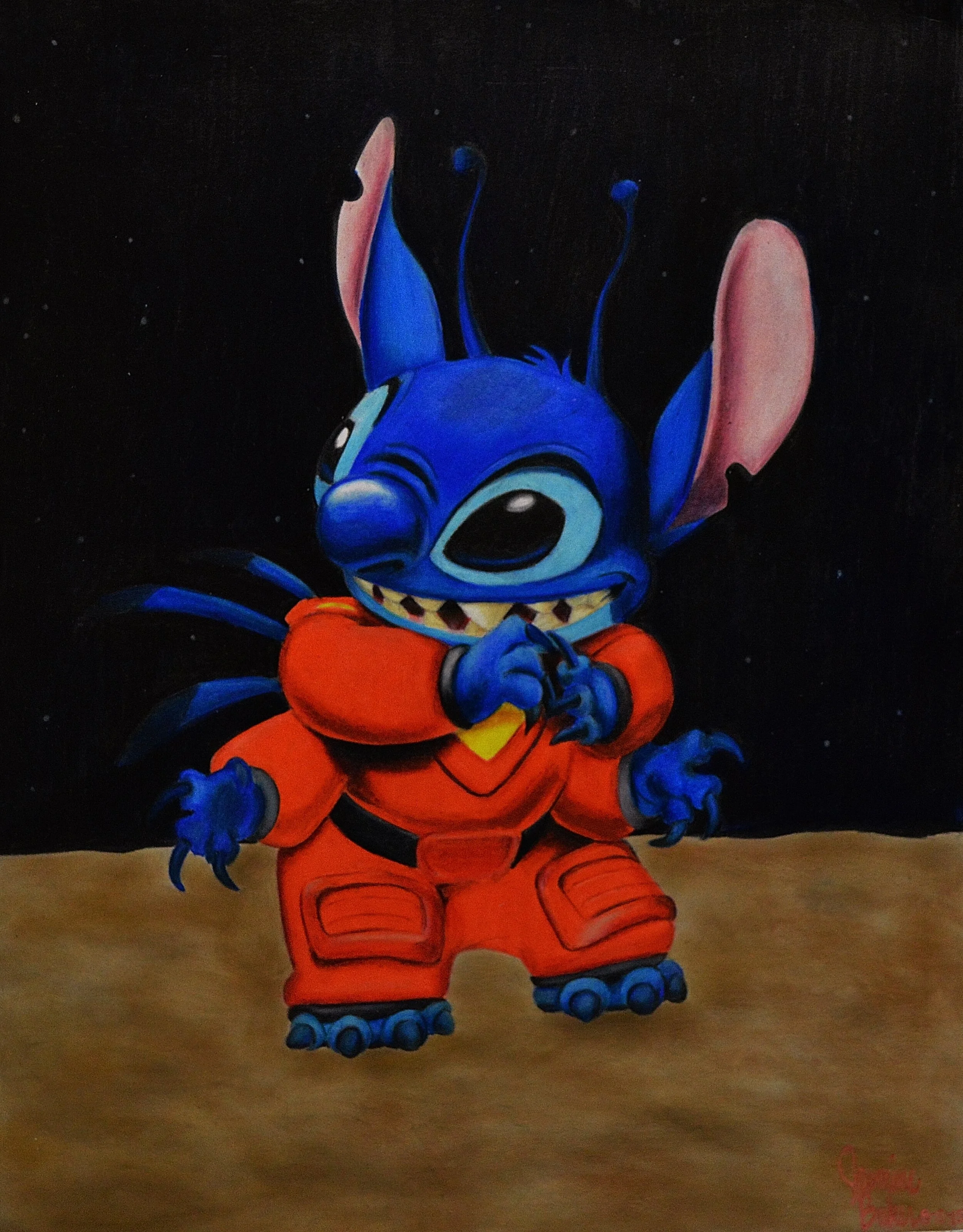 Illustration of a blue alien creature with large ears and a toothy grin, wearing an orange spacesuit, standing on a surface with a dark starry background.