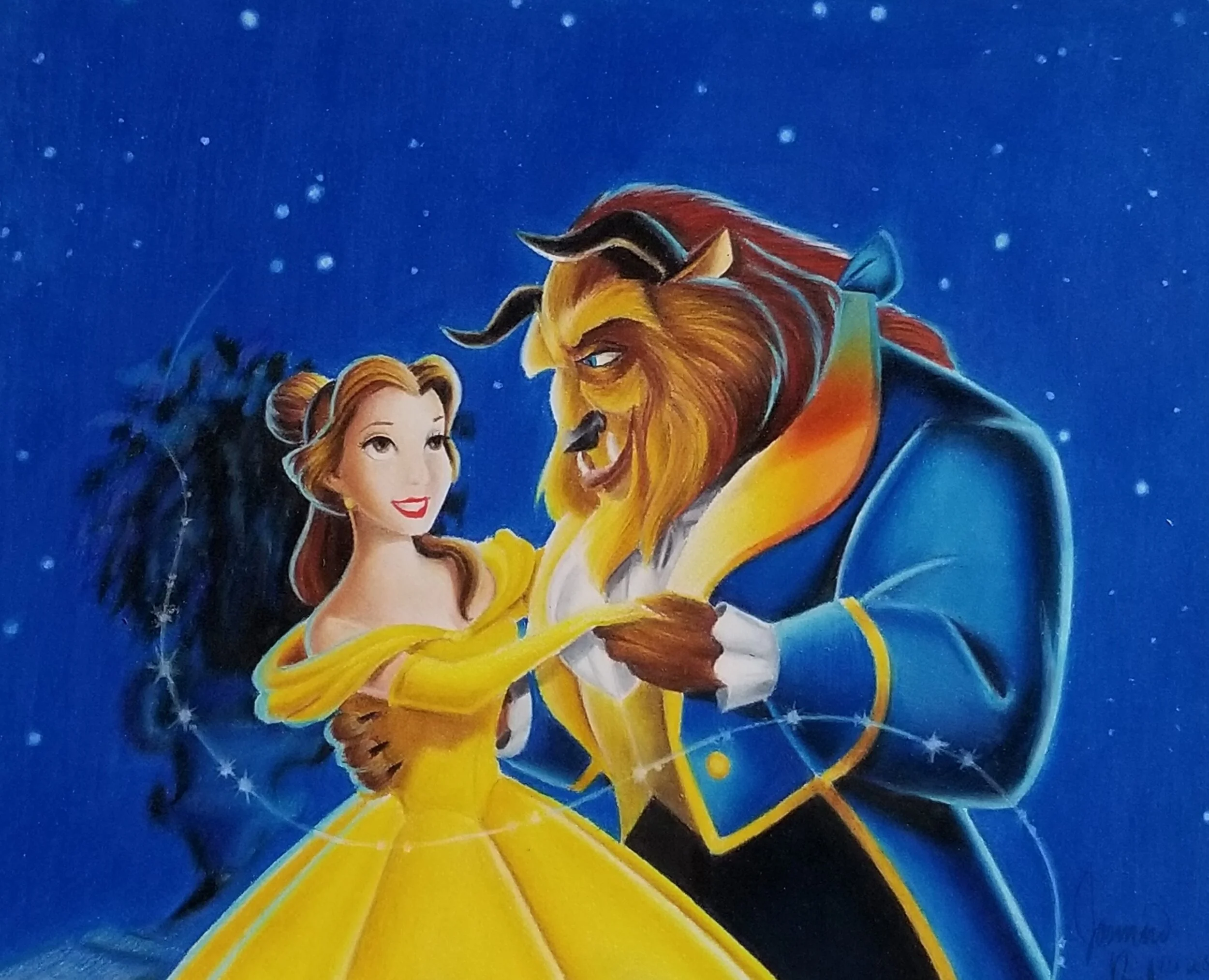 Animated couple dancing under a starry sky, with the woman in a yellow dress and the man as a beast in a blue coat.