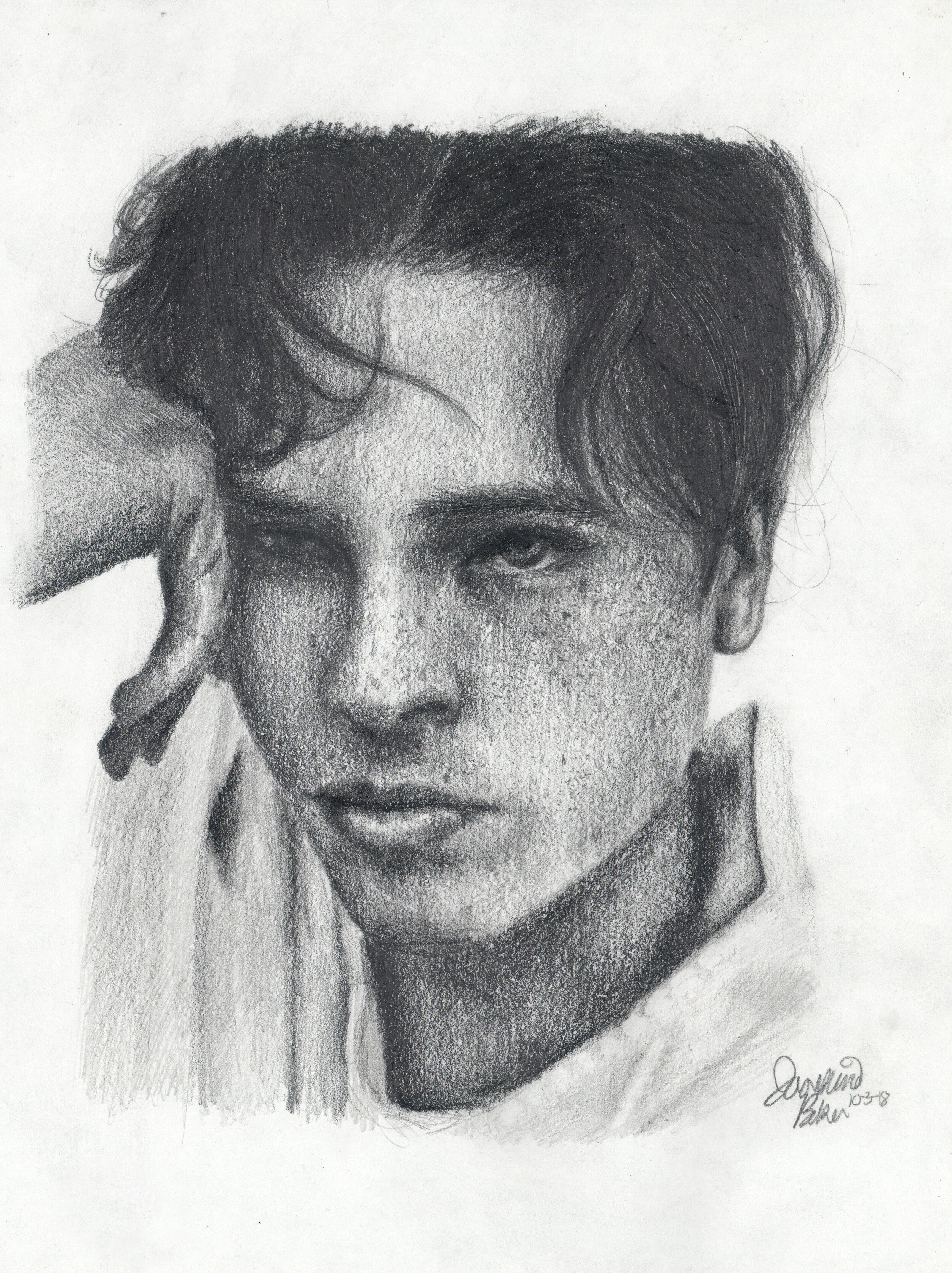 Black and white pencil drawing of a person with wavy hair, resting their head on their hand, looking intently at the viewer.