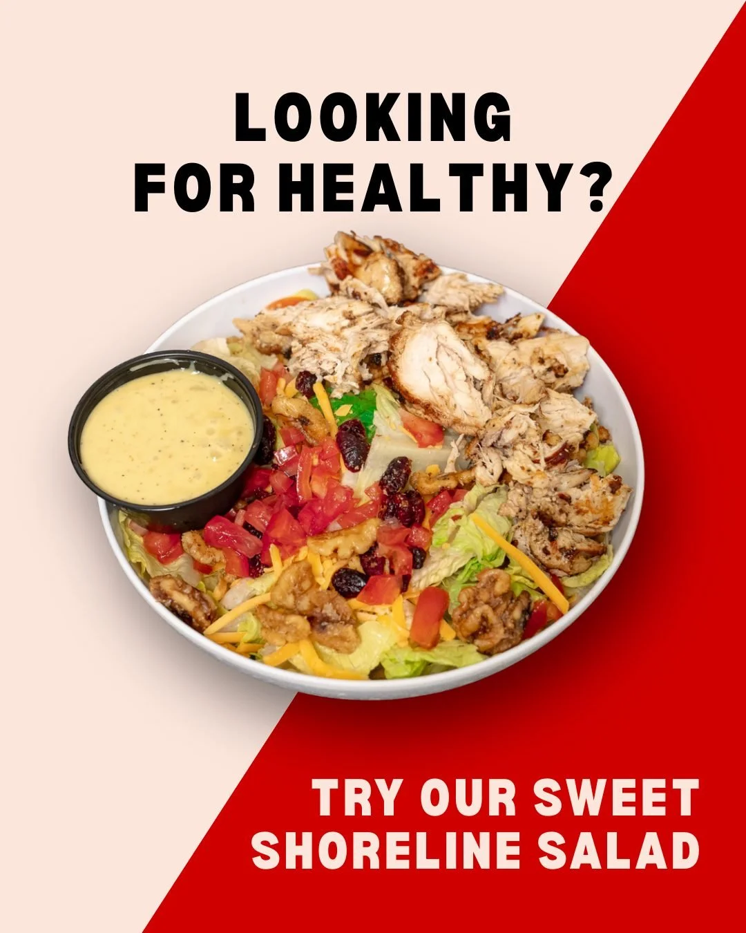 Bright, fresh, and perfectly balanced. 🥗
The Sweet Shoreline Salad features grilled chicken, craisins, walnuts, tomatoes, and cheese, finished with our house sweet Vidalia onion dressing. Light, satisfying, and easy to love.