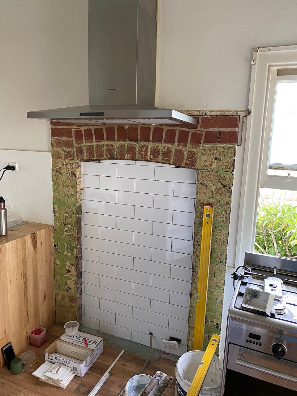 The stove area is nearly complete.