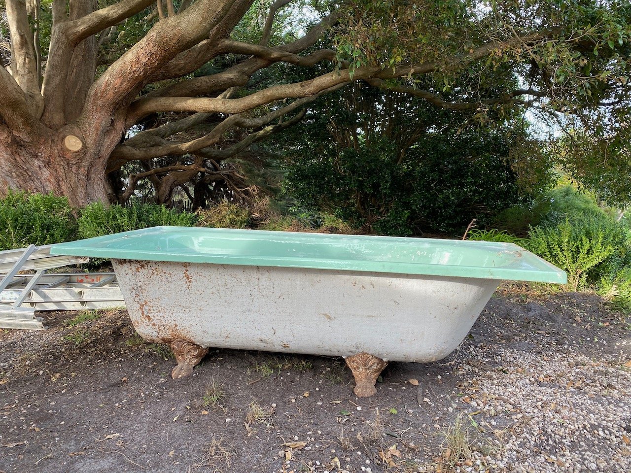 The bath was saved during the demo and sent off for restoration.