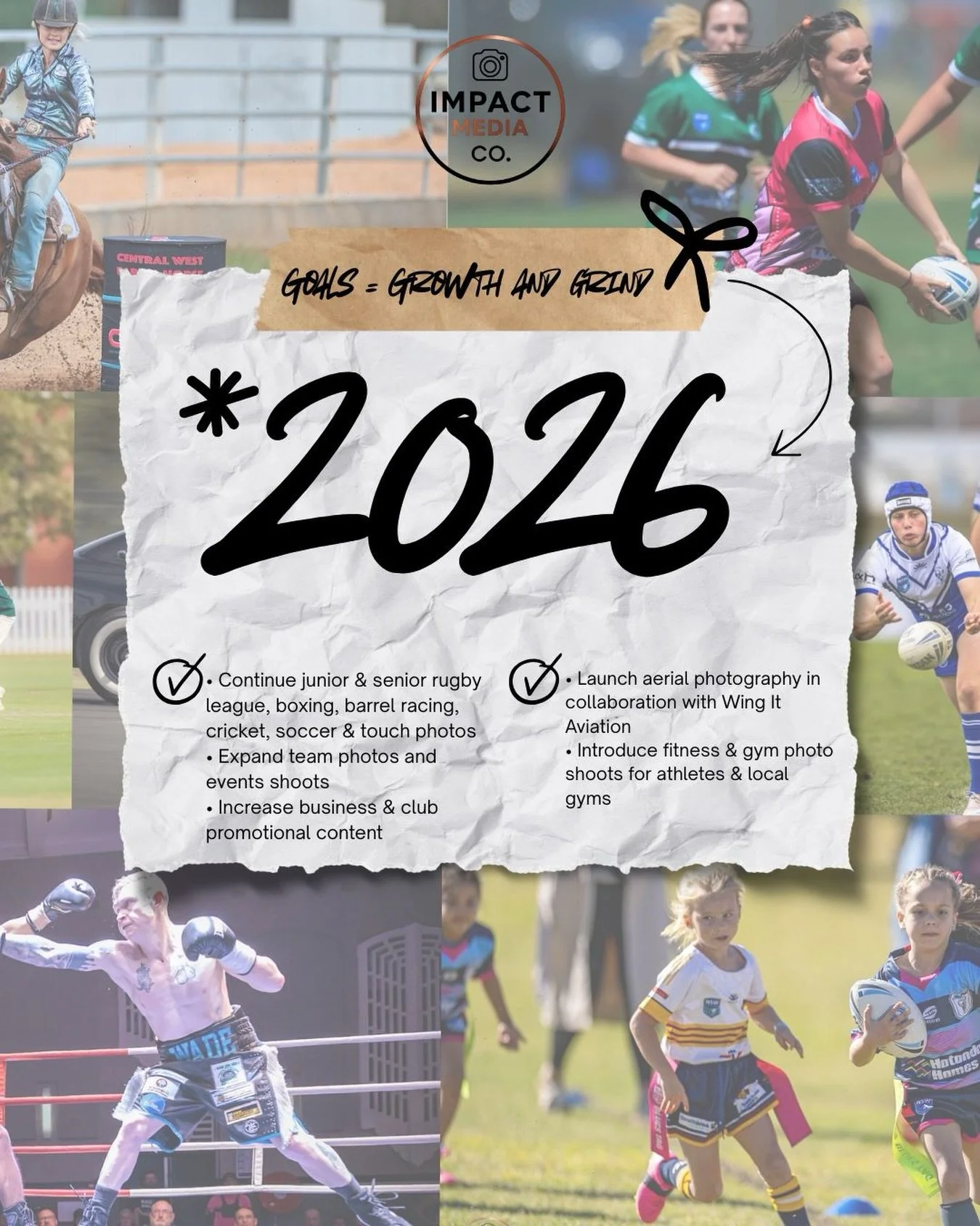 2026 Goals = growth &amp; grind.

More junior &amp; senior sport. More team photos. More business branding.
Plus aerial photography with Wing It Aviation and fitness &amp; gym shoots launching this year. 🚁🏋️

If you&rsquo;re a club, athlete or a bu