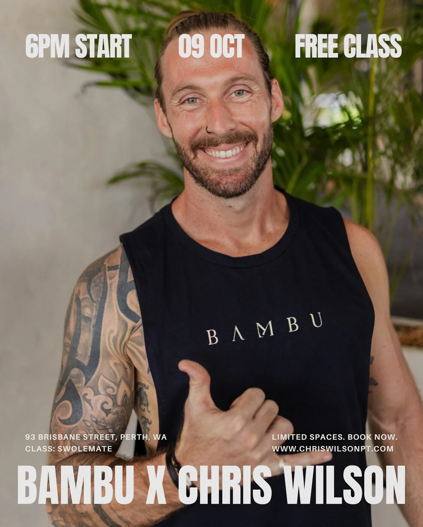 BAMBU SPECIAL - FREE SWEAT THIS THURSDAY 🚀🚀

Chris Wilson Fitness Studio is proud to bring @wjhenke &amp; @coach_samcraige from @bambufitnessbali to Perth for a special workout this Thursday! 

Join us for their signature &lsquo;Swolemate&rsquo; st
