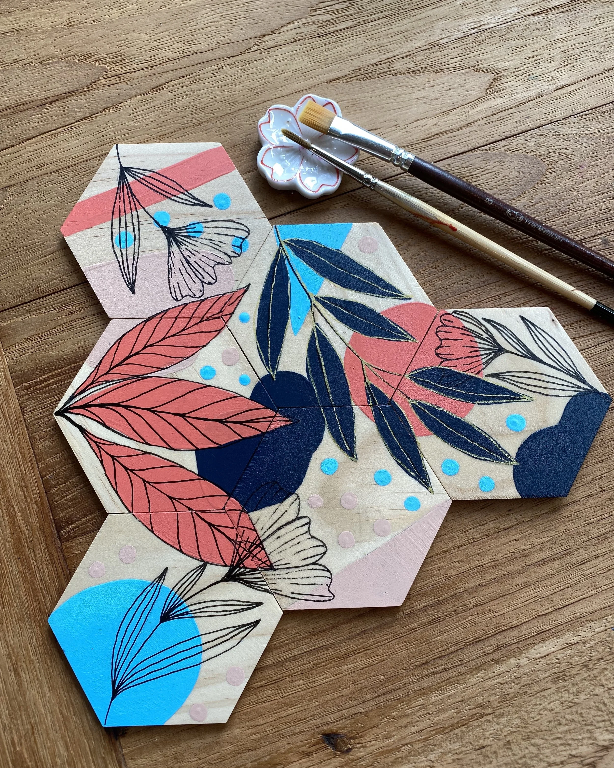 Hexagon Wooden Coasters - Navy & Golden