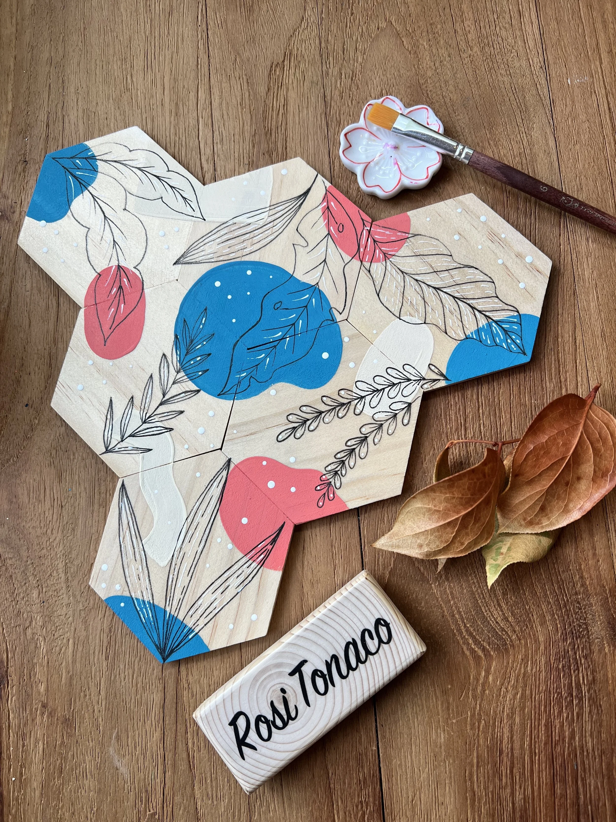 Hexagon Wooden Coasters - Blue & Coral