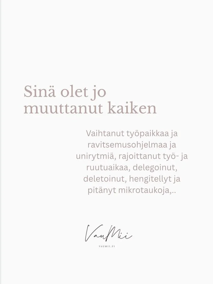 Muutoksia on ulkoisia ja sis&auml;isi&auml;.

Uupumuksesta toipumiseen ja sen uusiutumisen ennaltaehk&auml;isemiseen tarvitaan monesti molempia.

Kun on sinun aikasi, olen t&auml;&auml;ll&auml; viestin p&auml;&auml;ss&auml; 📩

#lyhytterapia #lyhytte
