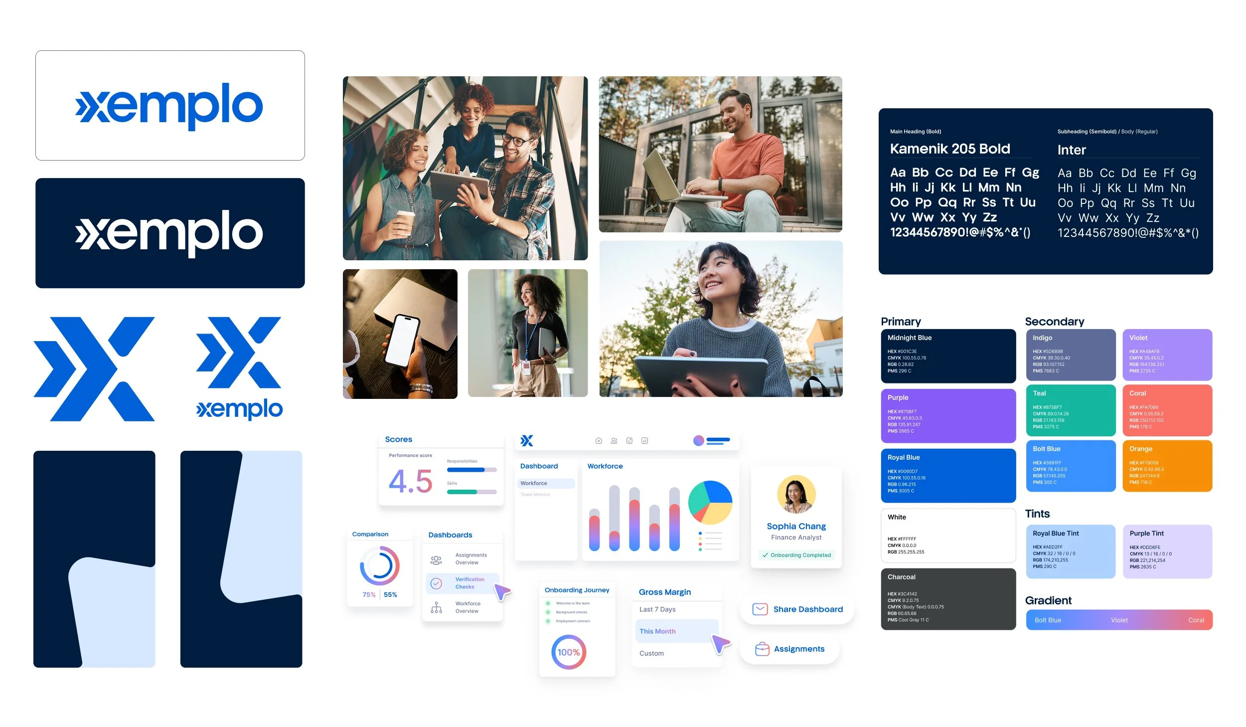 A colorful collage of photos, logos, and UI design elements for a company named 'Xemplo'. It includes various images of people working with electronic devices, different logo versions, a font and color palette, and several dashboard interface designs.