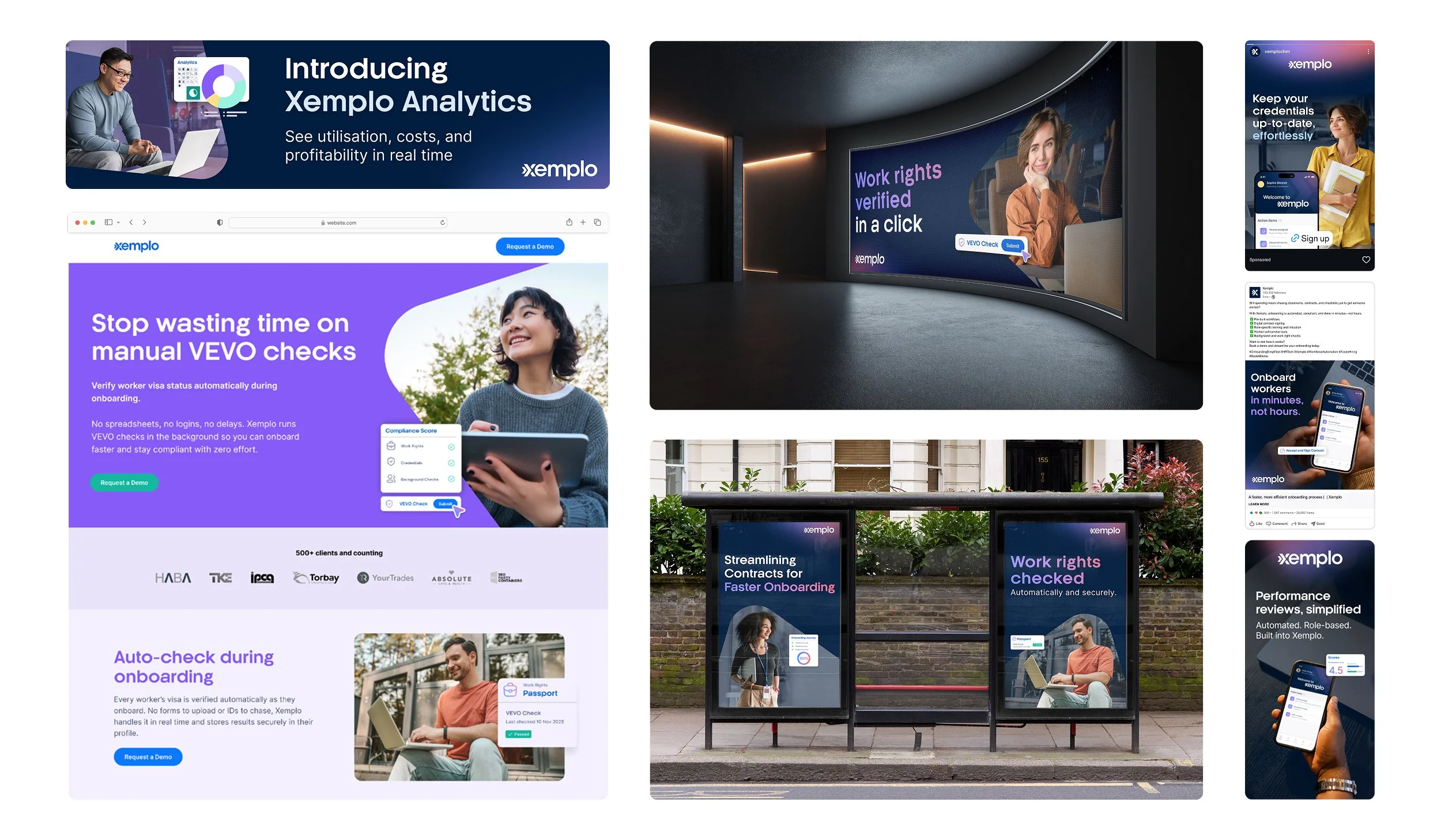 Collection of digital advertisements and displays showcasing Xemplo Analytics and onboarding automation solutions, including a large curved screen, bus stop posters, and mobile app previews with people using electronic devices.