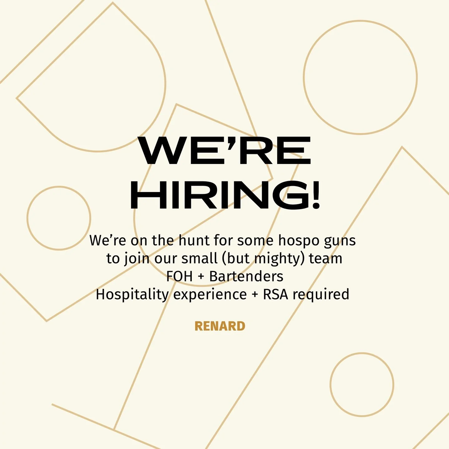 We&rsquo;re looking for some extra hands to assist over the holiday period and for the new year ahead! 

- Duty Manager, to oversee the day to day operations of Renard, working closely with the Venue manager. Someone whose been involved in the hospo 