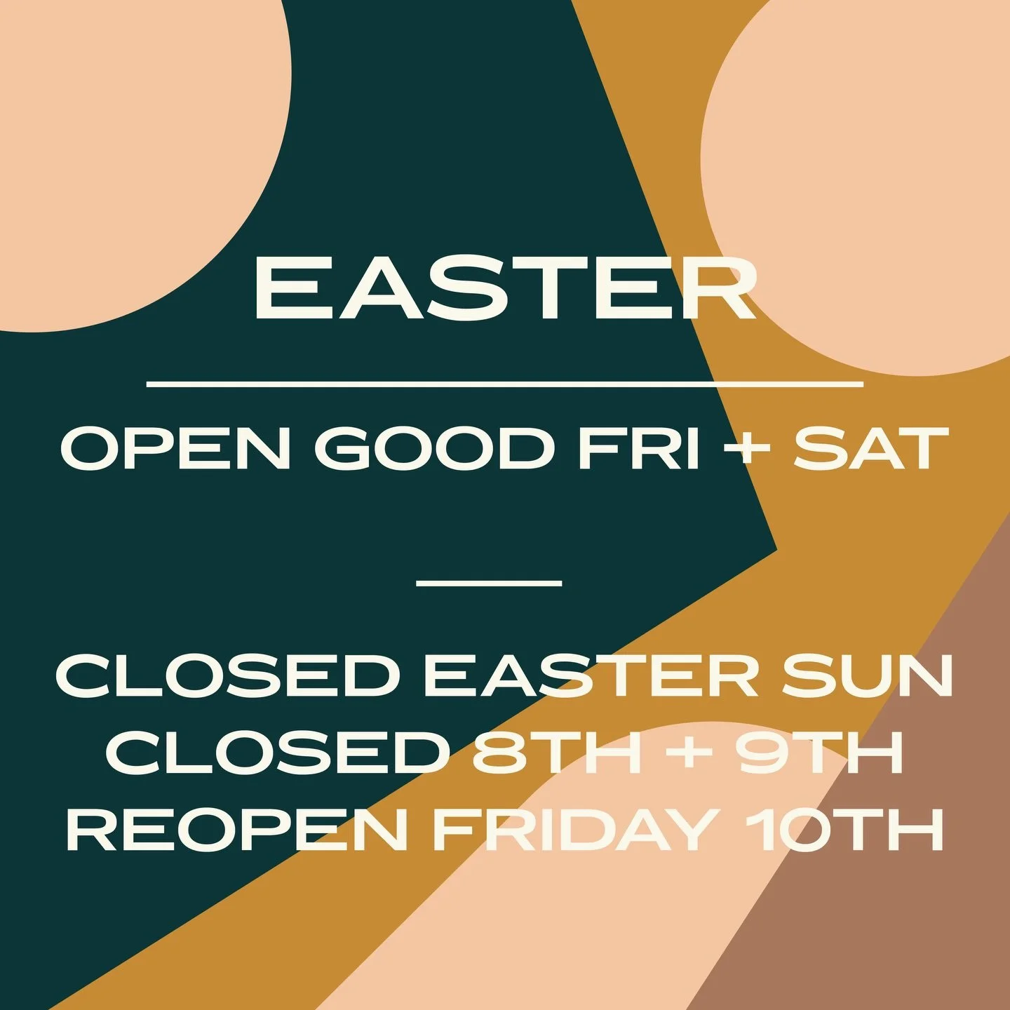 PSA for Easter long weekend approaching soon

We&rsquo;ll be trading as normal across Good Friday and Easter Saturday, before a short break for some R &amp; R

Reopen the following Friday

We hope you can join us soon! 

🤝🤝