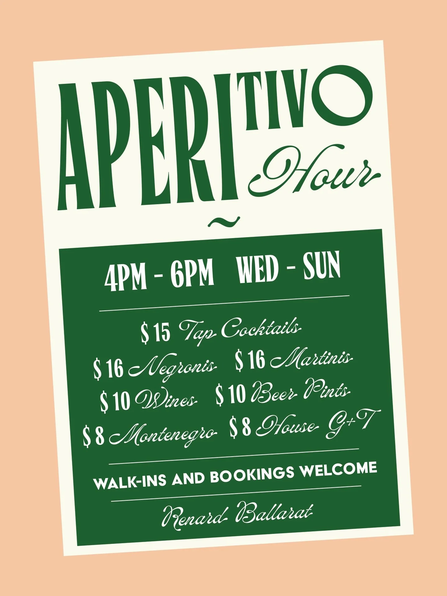 Heya, 

What great timing to officially launch into this aperitivo hour than our 5th Birthday!

As inflation and cold weather creeps in, we&rsquo;re holding strong with a new APERITIVO HOUR / HAPPY HOUR for you all to soak in on your afternoons or pr