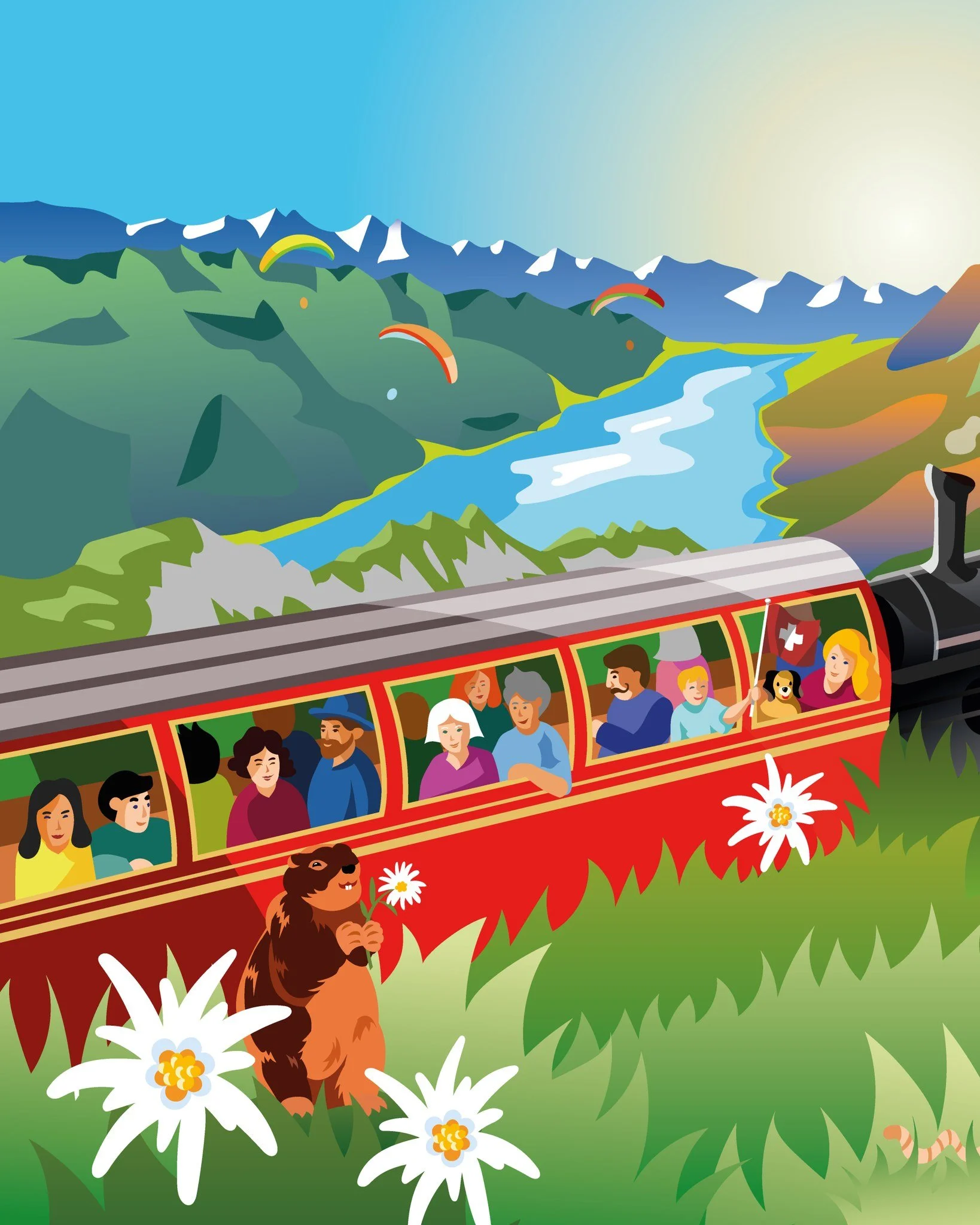🔎 Zoom sur l&rsquo;illustration du train &agrave; vapeur 🚂
En &eacute;t&eacute;, le train &agrave; cr&eacute;maill&egrave;re serpente entre les edelweiss, les bouquetins, les marmottes... Regarde de plus pr&egrave;s, il y a des d&eacute;tails cach&