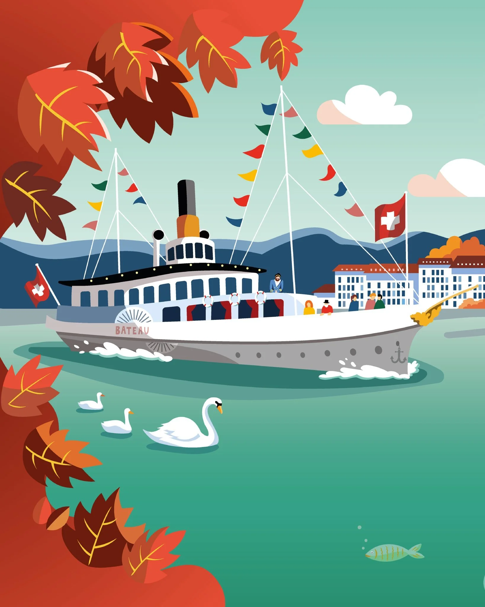 🔎 Zoom sur l&rsquo;illustration du lac L&eacute;man 🚢
Qui ne connait pas Gen&egrave;ve? Sur le lac L&eacute;man, les bateaux &agrave; aubes glissent paisiblement, tandis que le c&eacute;l&egrave;bre Jet d'eau jaillit vers le ciel.
Tu as reper&eacut