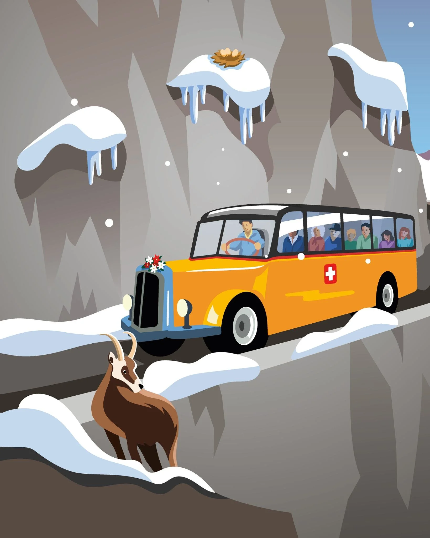 🔎 Zoom sur l&rsquo;illustration du Val d'Anniviers 🚌
Un bus ancien transporte ses passagers sur le trajet spectaculaire de la route des Pontis, on aper&ccedil;oit au loin l&rsquo;Obergabelhorn, le Besso et le Cervin 👀

#ValdAnniviers #WinterVibes 