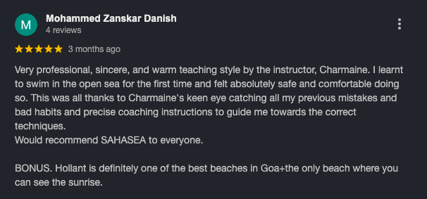 What guests at sahasea are saying -  positive review for a swimming instructor, praising their teaching style and beach location in Goa.