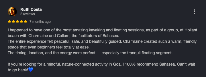 customer review for Sahasea, a kayaking and floating session service, with 5-star rating and blue heart emoji.