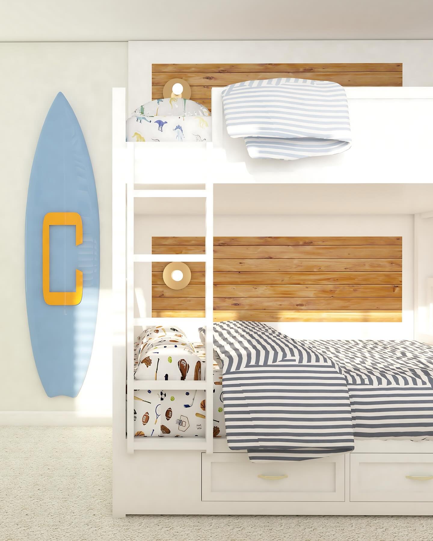 Quad bunk beds for the win!! This design for a family with 4 young children solves the problem of fitting everyone in the room comfortably. Full-over-full bunks are the way to go if you have the space to accommodate it. These specific ones were sourc