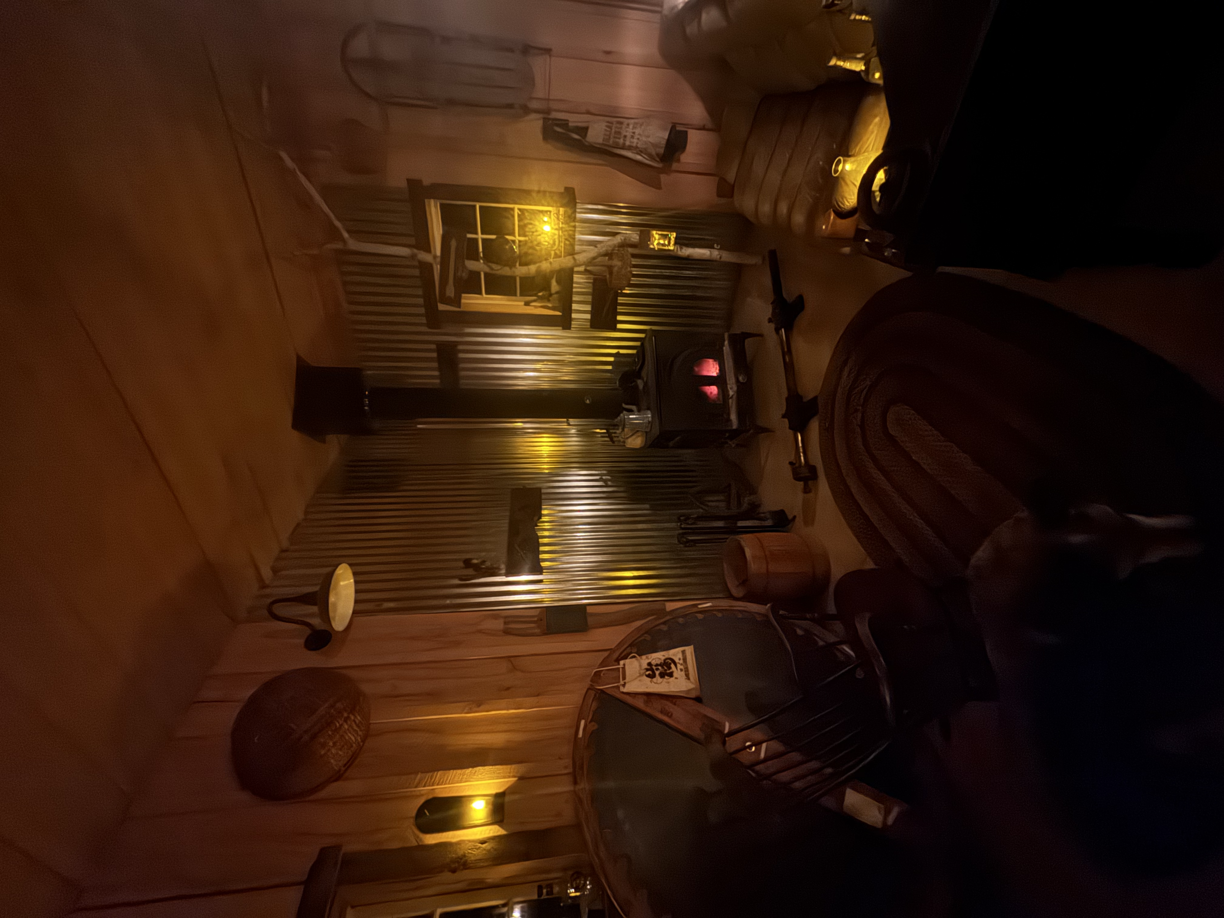 Cozy, dimly lit interior of a rustic cabin with wooden walls, decorated with vintage items including a lantern, framed pictures, and a wood stove. A person in a sweater is sitting on a couch, with their arm extended, possibly taking a selfie. The roo