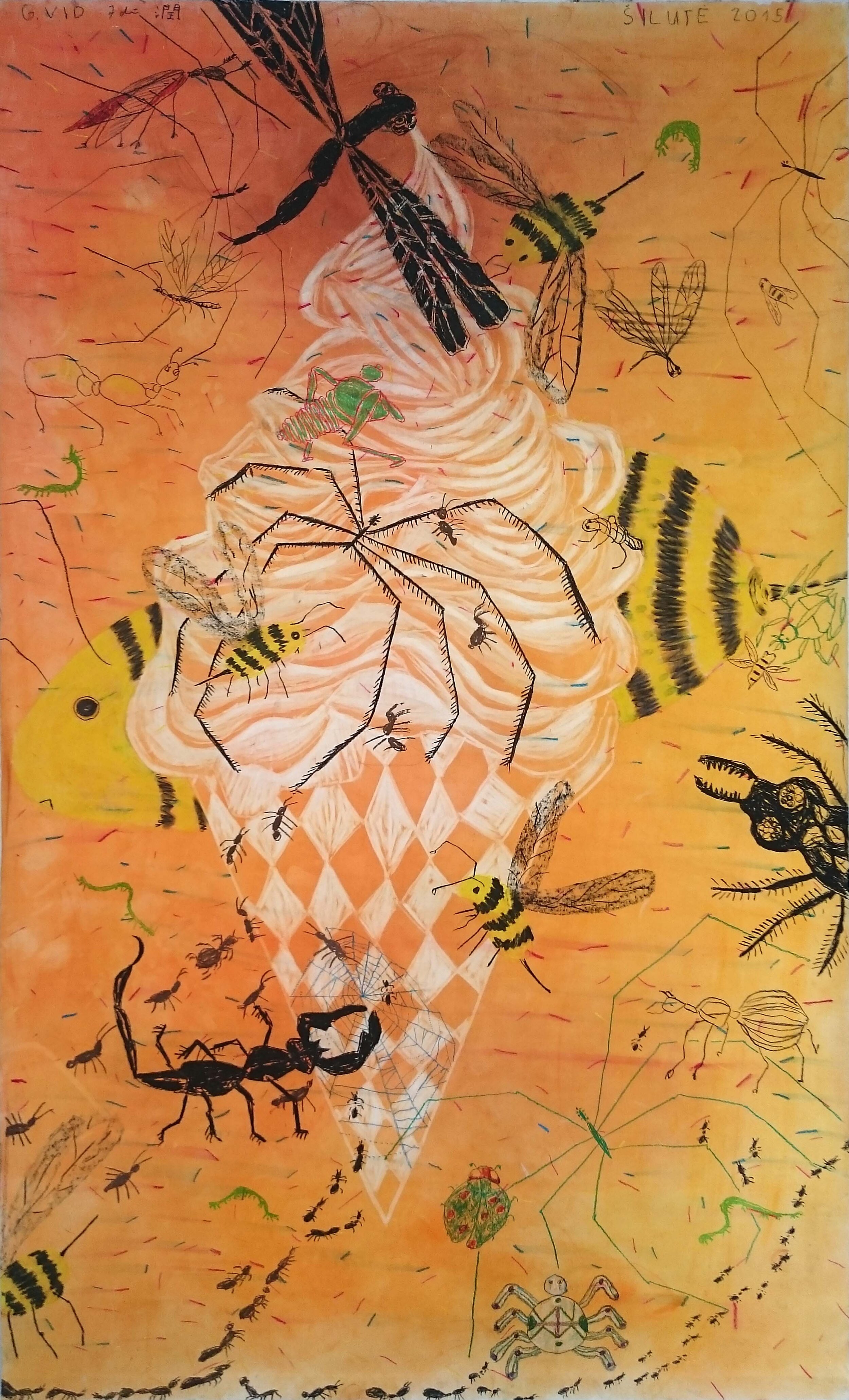  “Ten, kur Žuvis-Bitė”  Gabija Vidrinskaitė, Adrian Mudder &amp; Matthias Jun Wilhelm  250 × 150 cm, Pastel and Charcoal on Paper, 2015 