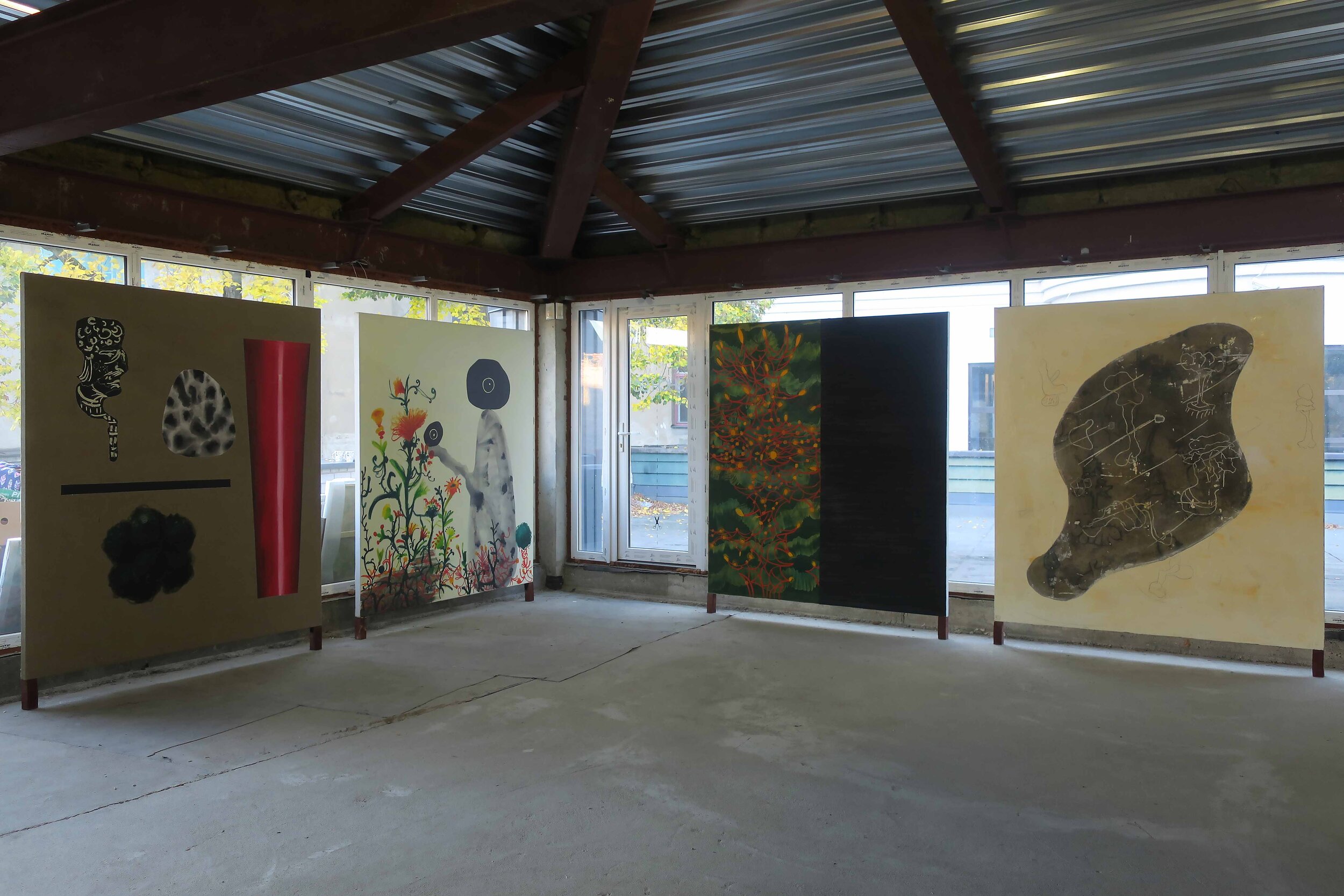  Adrian Mudder, “Rebus III”, “The garden”, “Duo” and “Schliemann”  each 200 × 180 cm, Oil, Acryl and Mixed Media on Canvas, 2013-2015 