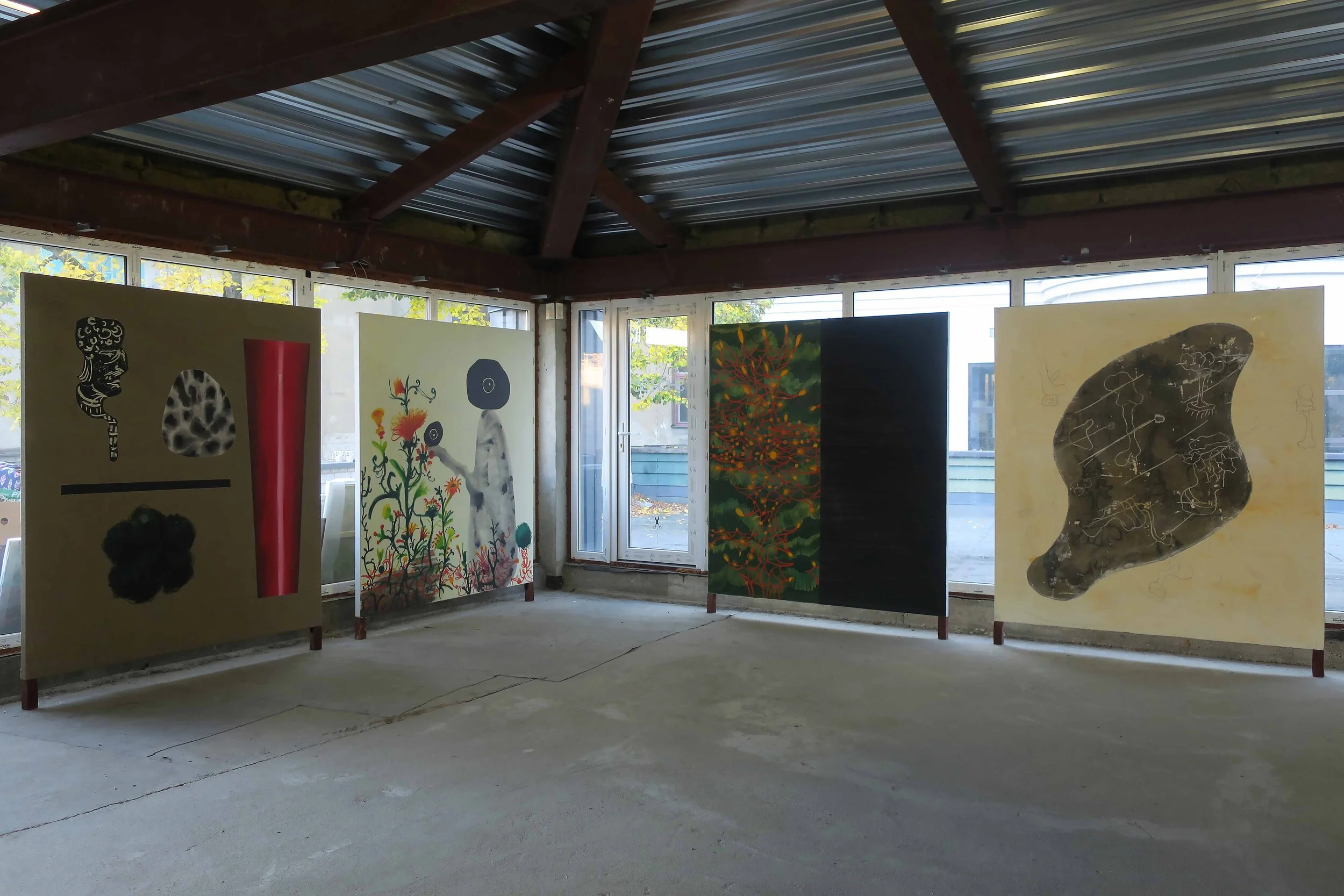 Adrian Mudder, “Rebus III”, “The garden”, “Duo” and “Schliemann” each 200 × 180 cm, Oil, Acryl and Mixed Media on Canvas, 2013-2015
