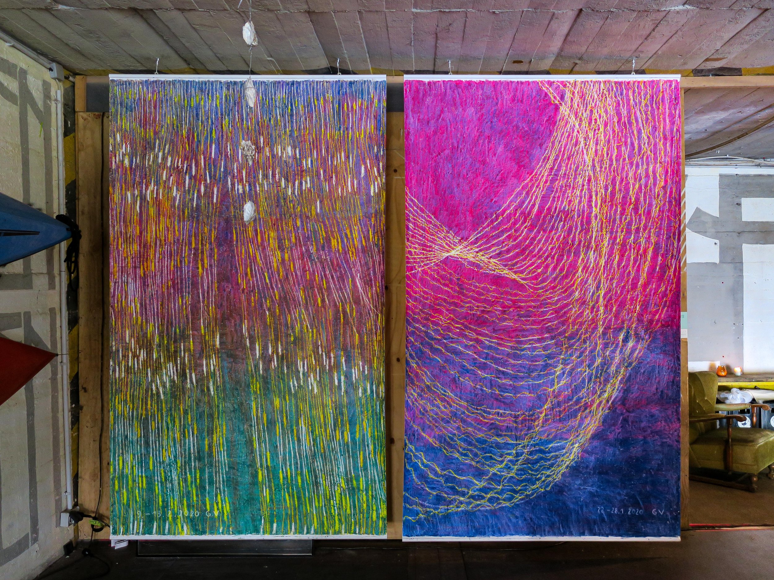  “Enir” &amp; “Lulilo”   each 250 × 150 cm, Oil-pastel on Paper, 2020 