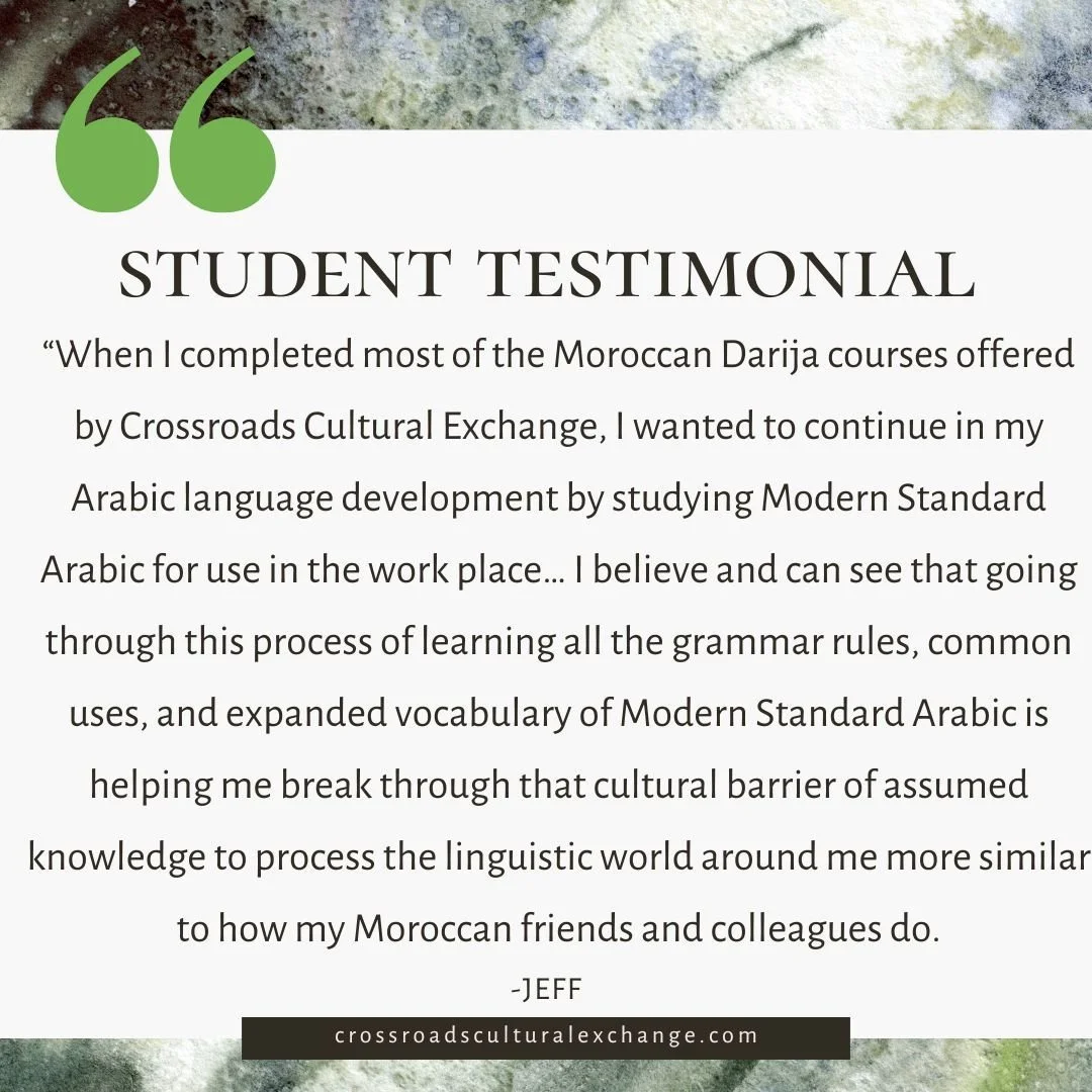 Let us help you break cultural barriers with language. Click the link in our bio to learn more.

IMAGE CONTENTS: &ldquo;When I completed most of the Moroccan Darija courses offered by Crossroads cultural Exchange, I wanted to continue in my Arabic la