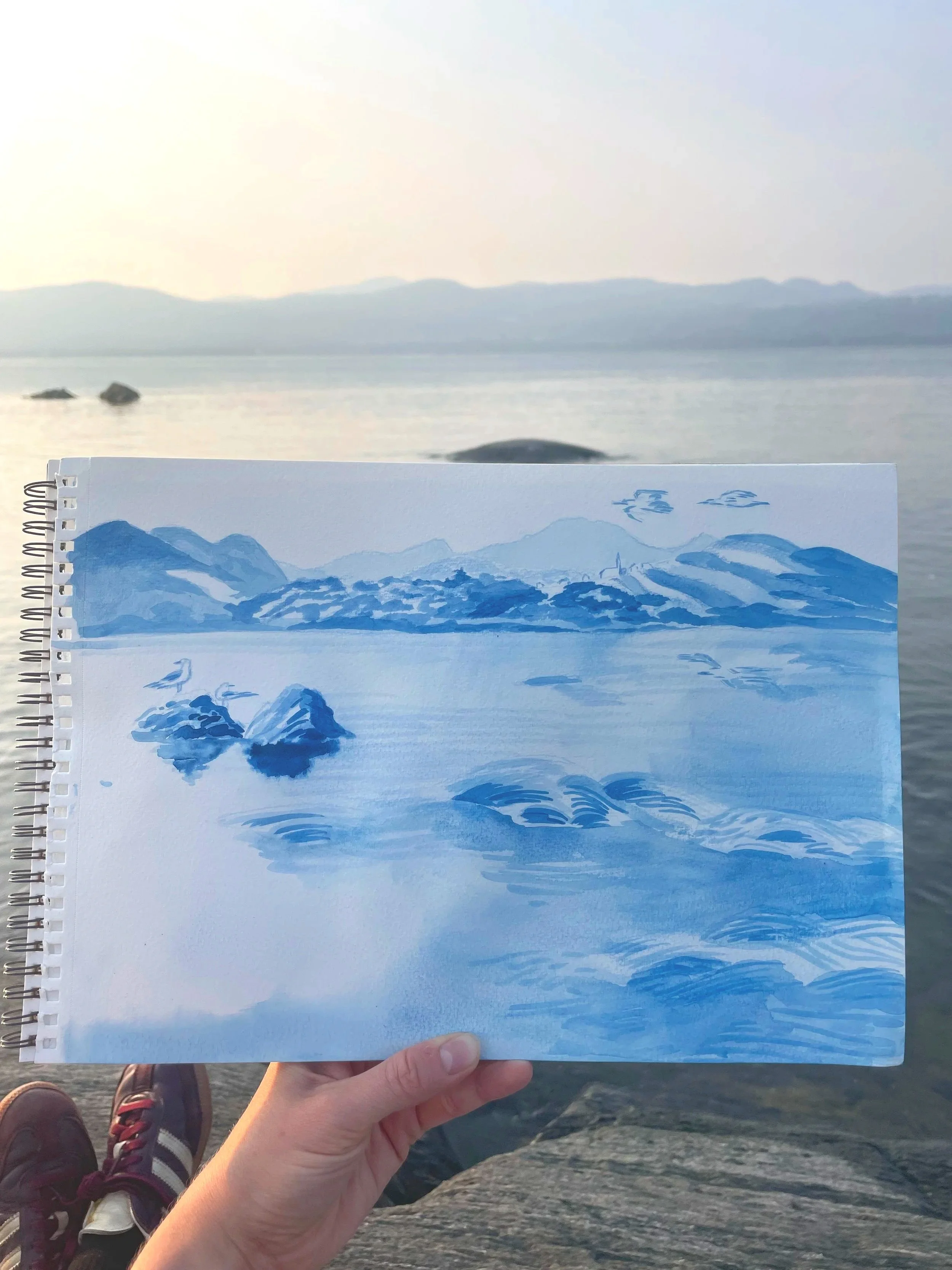 "Parallel paths", 8.5"x11", watercolour on paper.

On Isle-aux-coudres, I watched life dip in and out of the Saint Lawrence, considering how we, me and the birds and the whales and the trees, are all flowing down the river of life alongside each othe