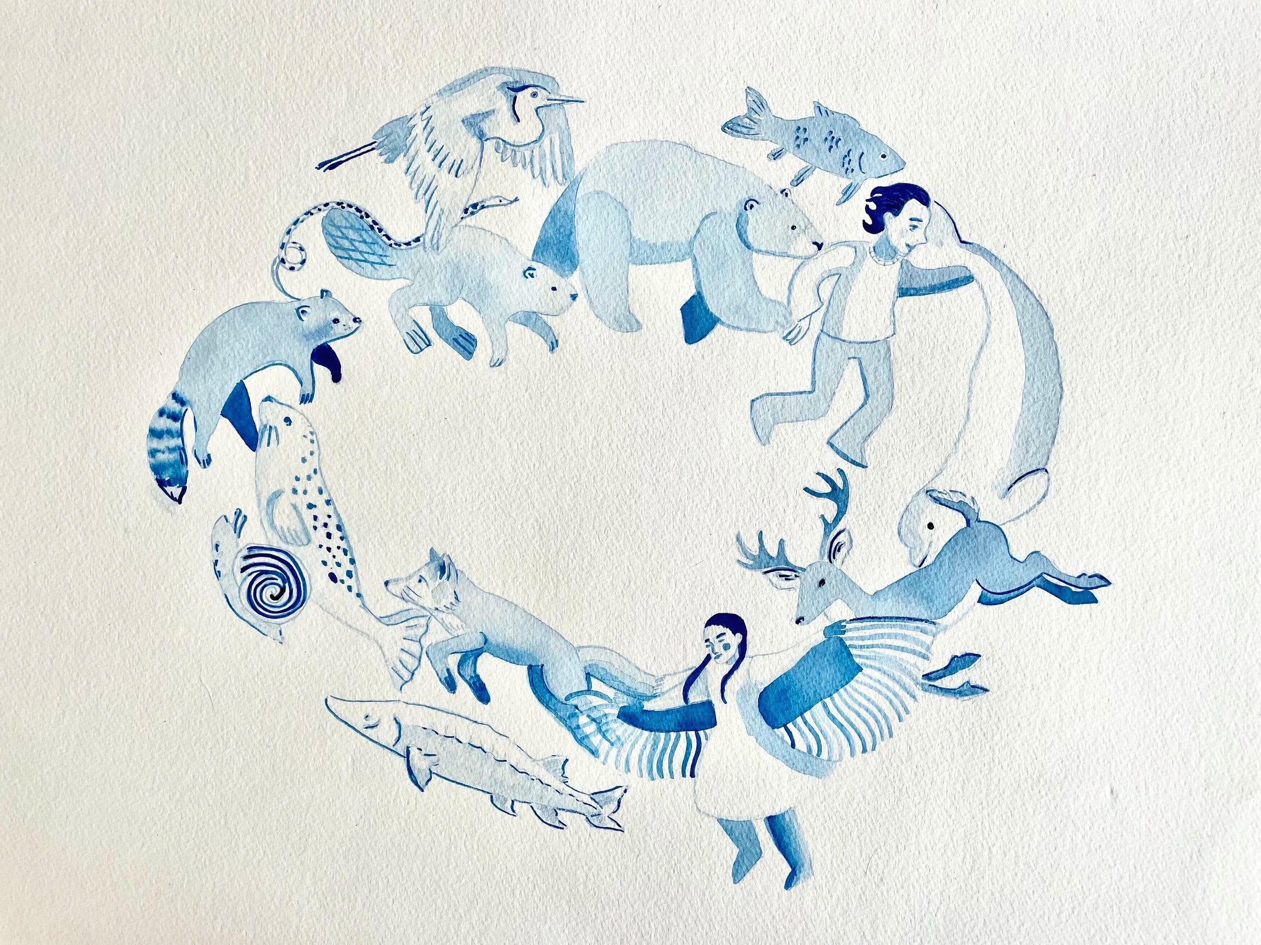 “Waterbodies”, 20"x30", watercolour on paper.

Water flows through us all, generation after generation of diverse and beautiful life

This painting was inspired by my time at the Innu Nikamu Powwow in Mani-Utenam, QC, where all people, Indigenous and