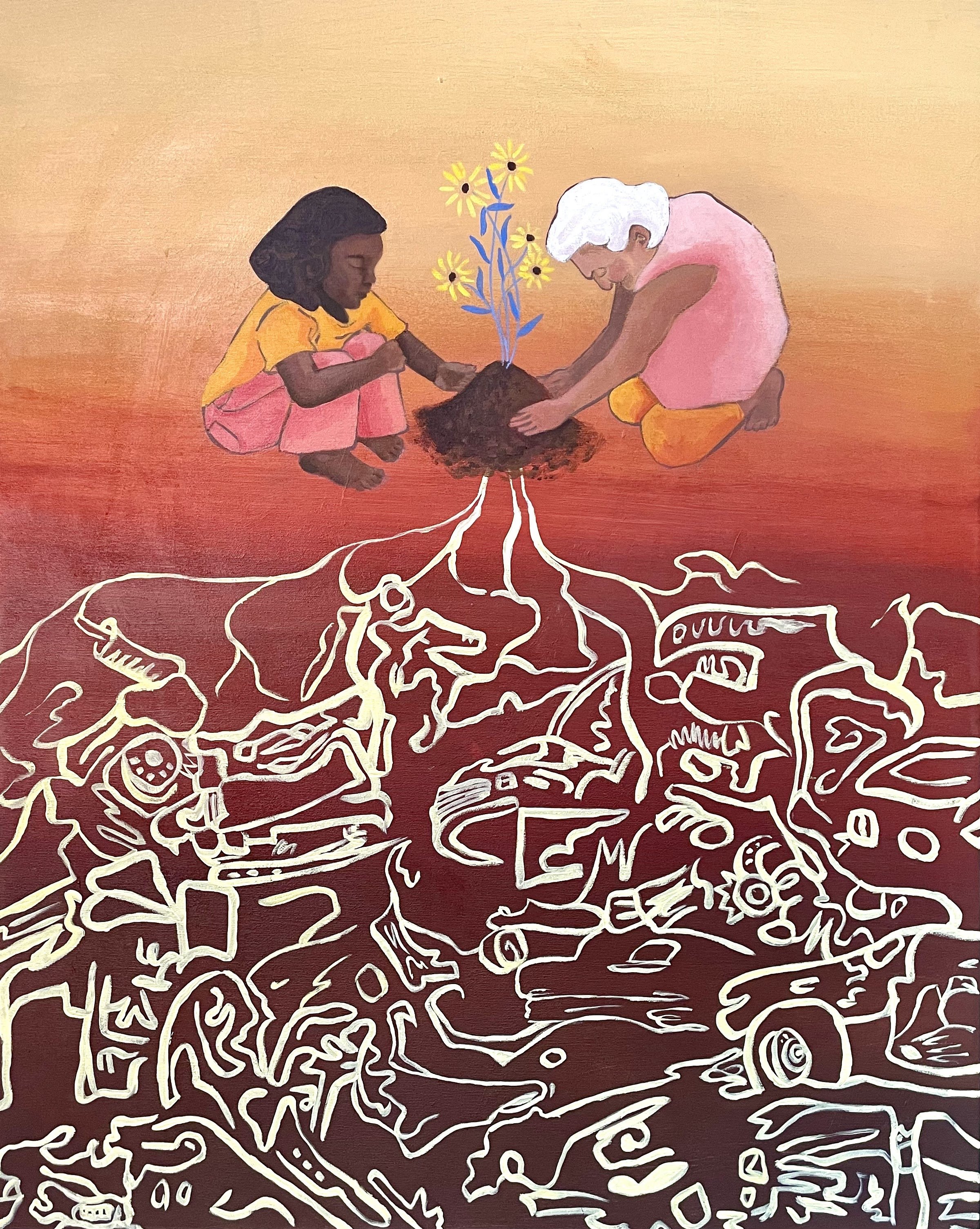 "Mend", 15” x 30”, Acrylic on canvas.

This painting was inspired by my experience planting a pollinator garden at the Rideau Hub, a community of social service agencies operating out of the former Rideau High School. People of all ages and backgroun