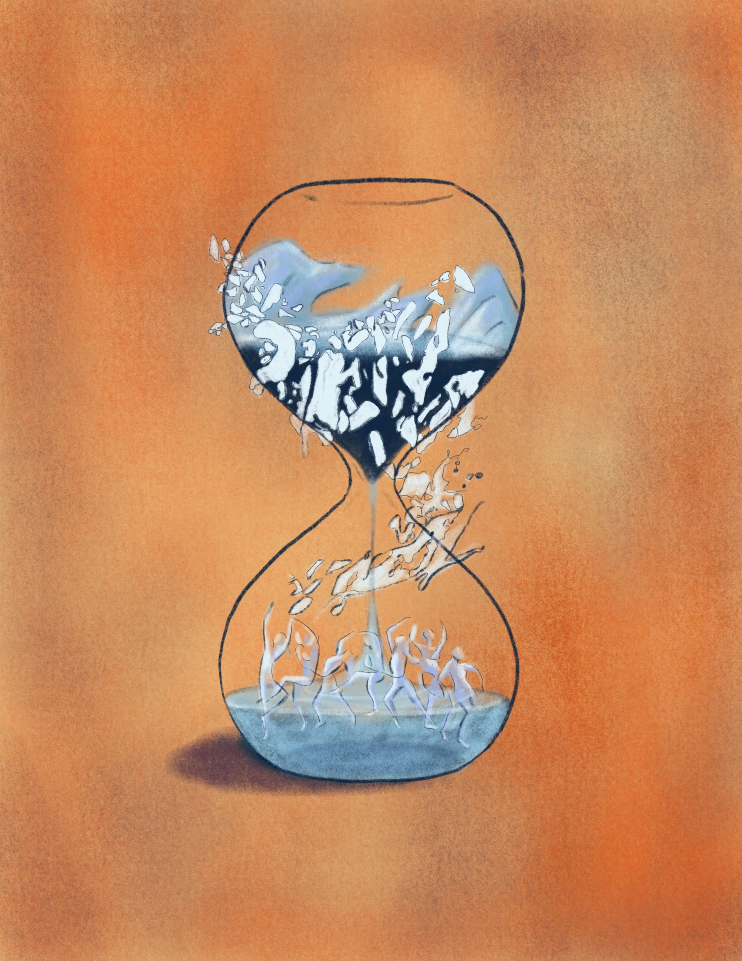 "Dancing in an hourglass", 5.5" x 8.5", digital illustration.

If nothing is permanent, can we learn to dance with the currents of change? Can we celebrate all that and those we have with us today because who knows about tomorrow?